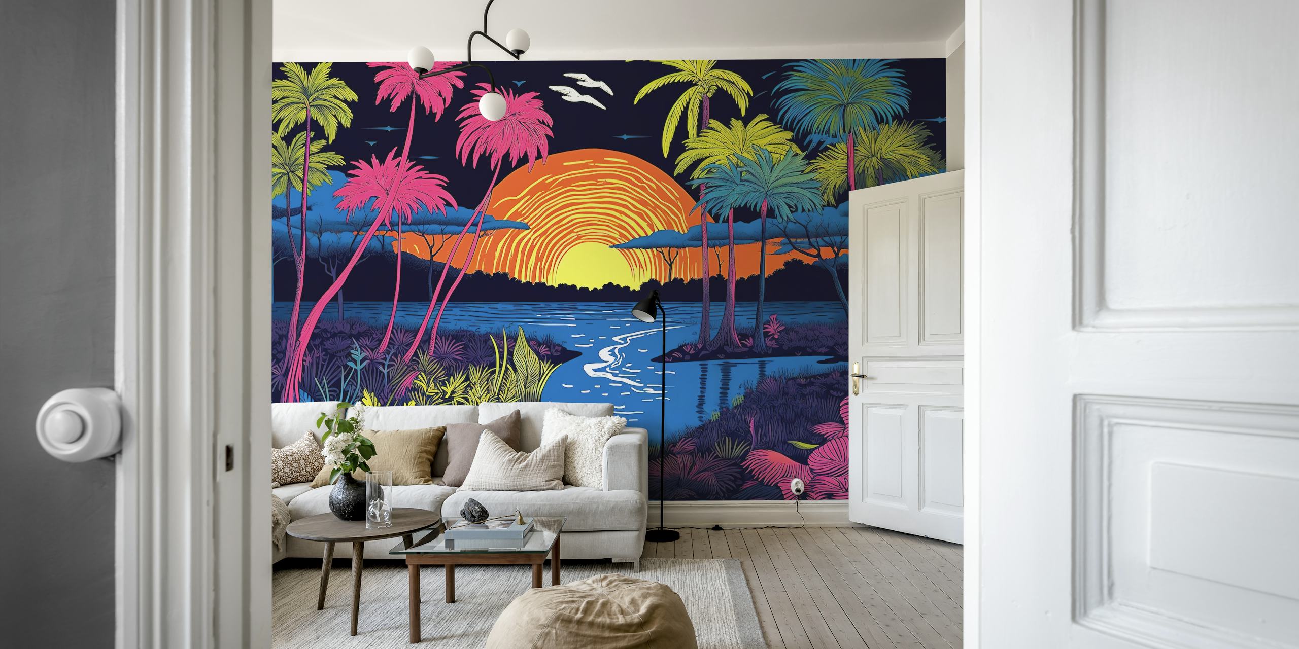 Tropisch palmen en zonsondergang in felle kleuren wallpaper