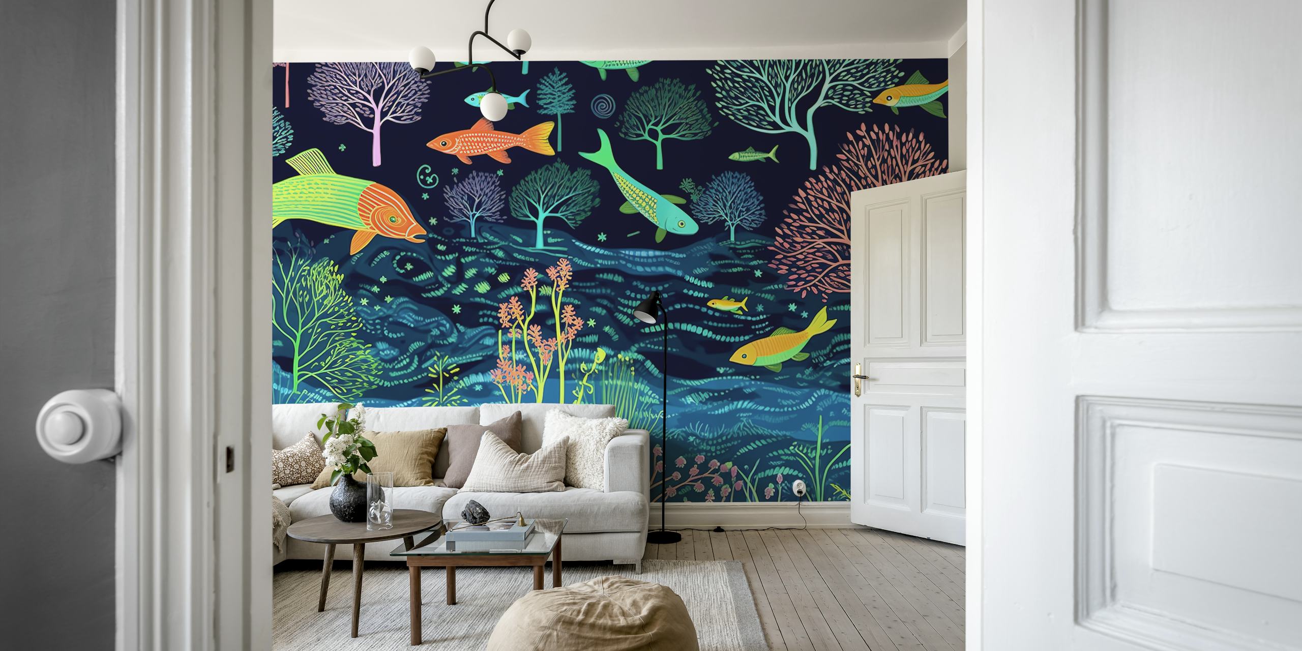 Colorful tropical fish and trees design wallpaper