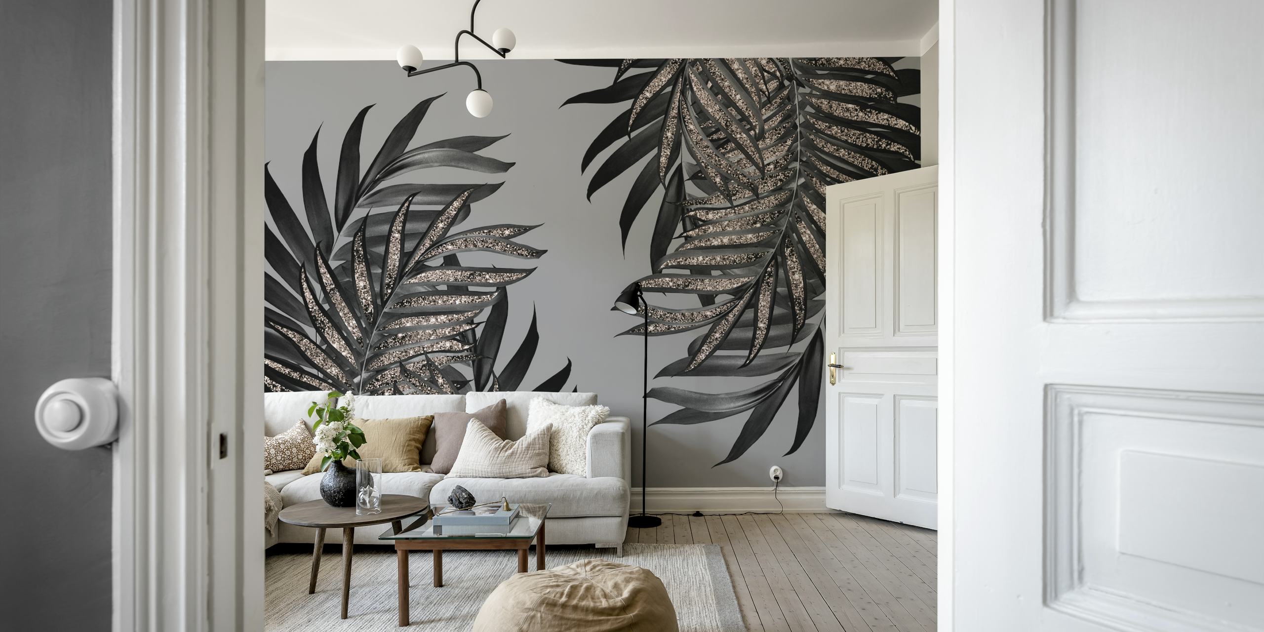 Palm leaves with glitter wallpaper in a room