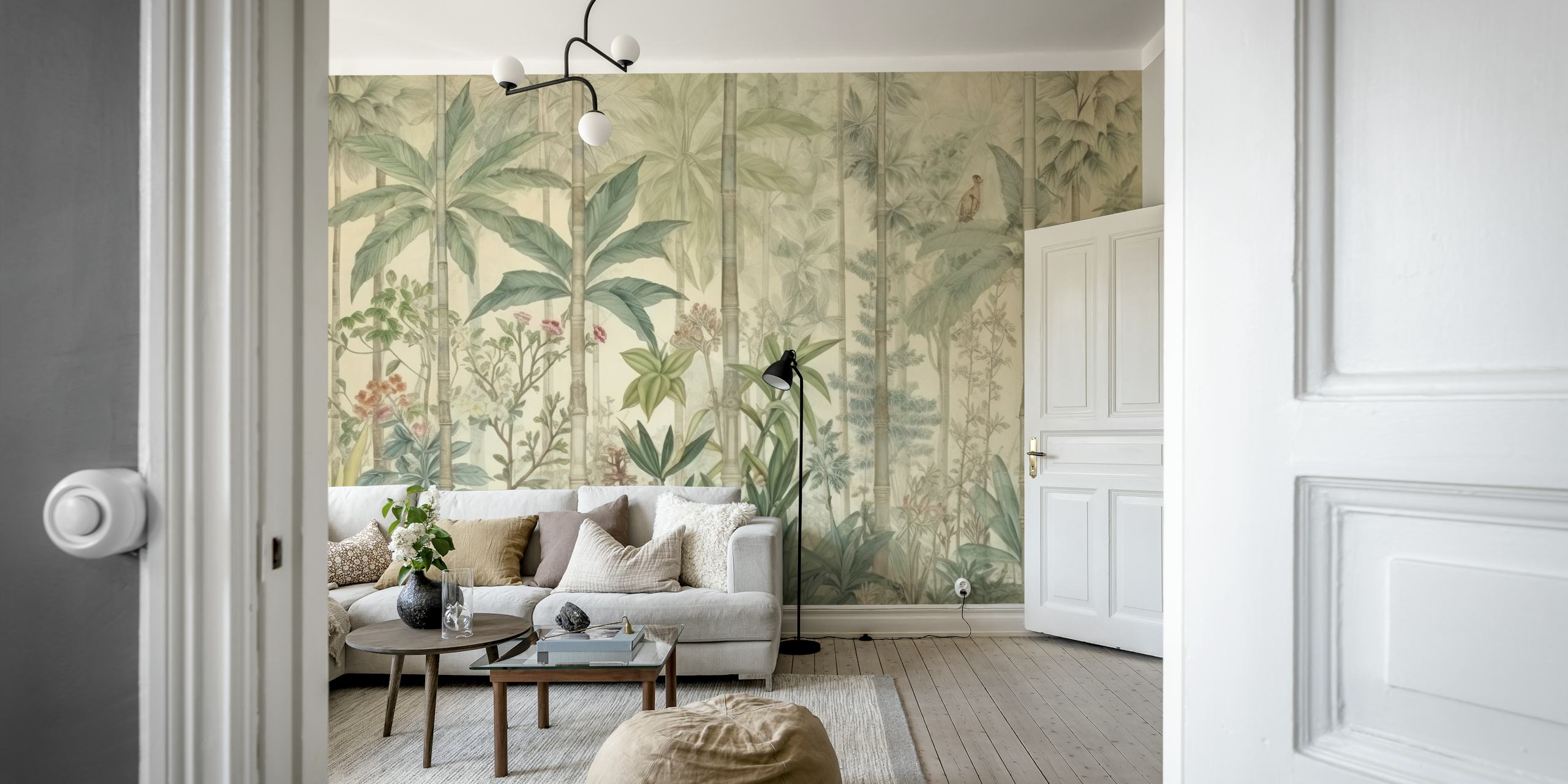 Thai jungle wallpaper featuring lush green foliage and palm trees