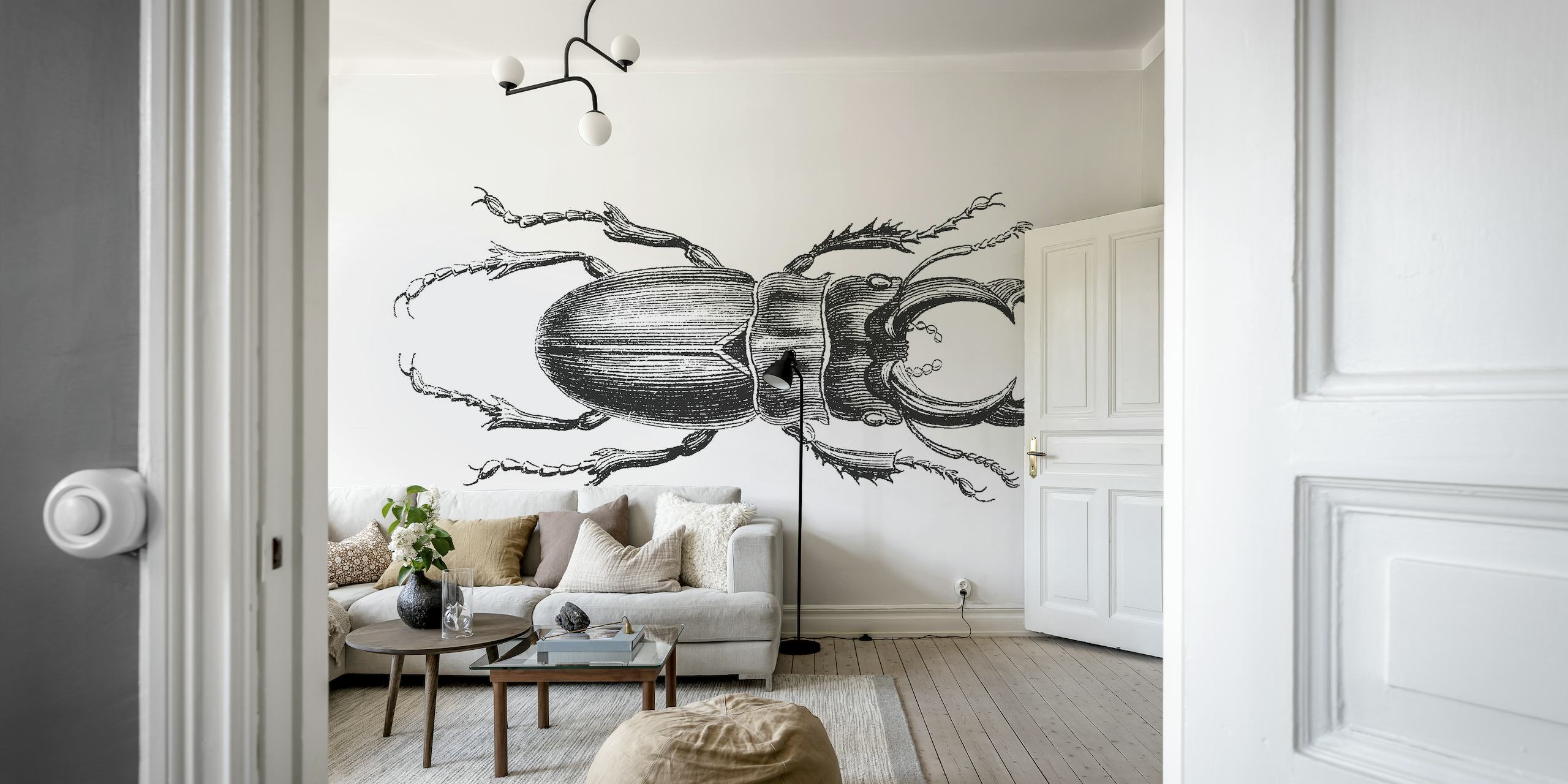 Mural de pared con dibujo de escarabajo ciervo en estilo boceto en blanco y negro