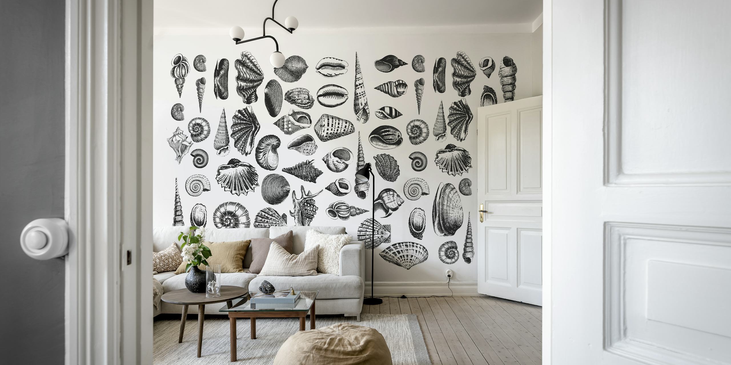 various seashells in black and white pattern wallpaper