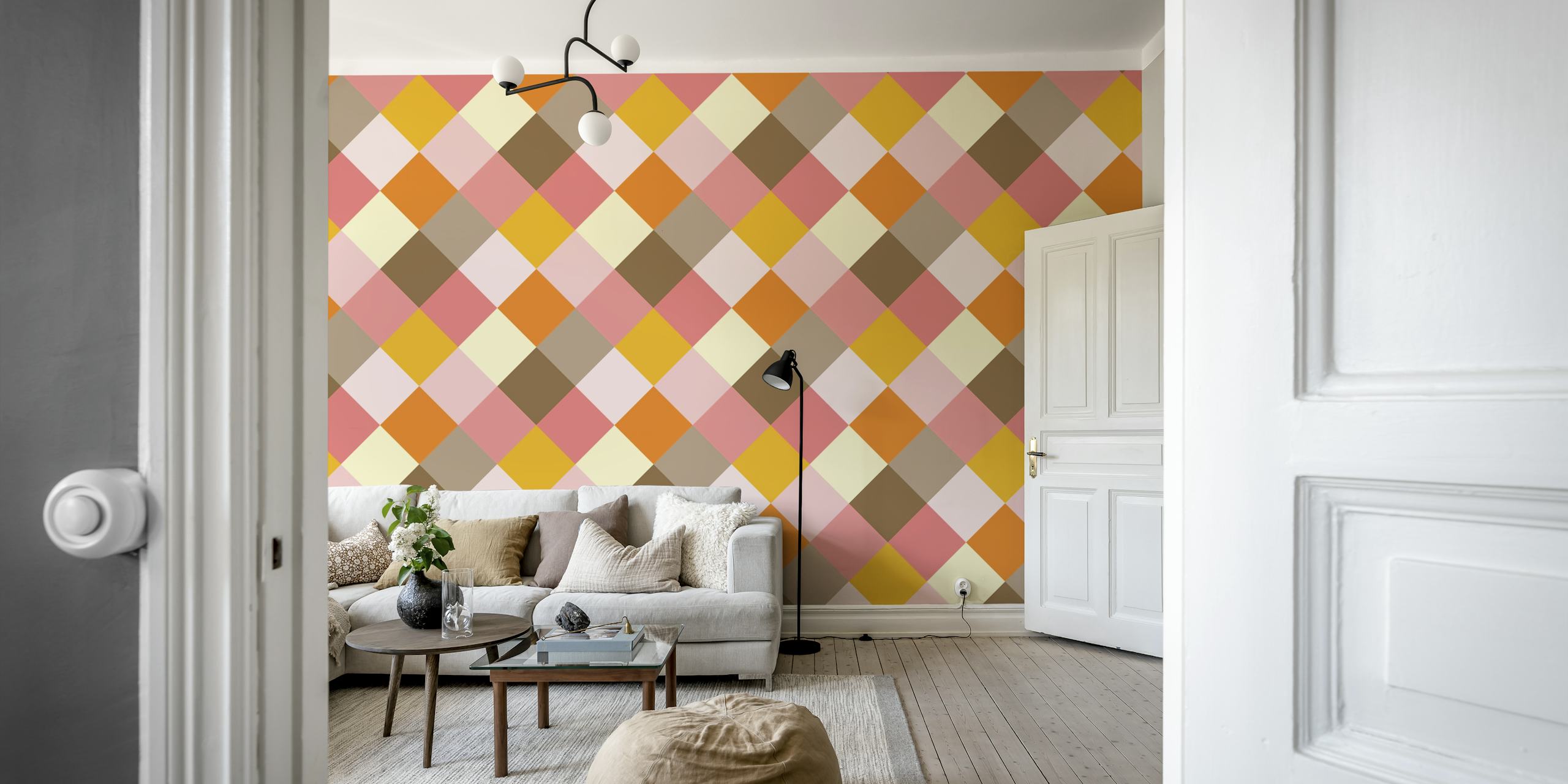 Geometric diamond pattern in pink, orange, yellow, and brown wallpaper