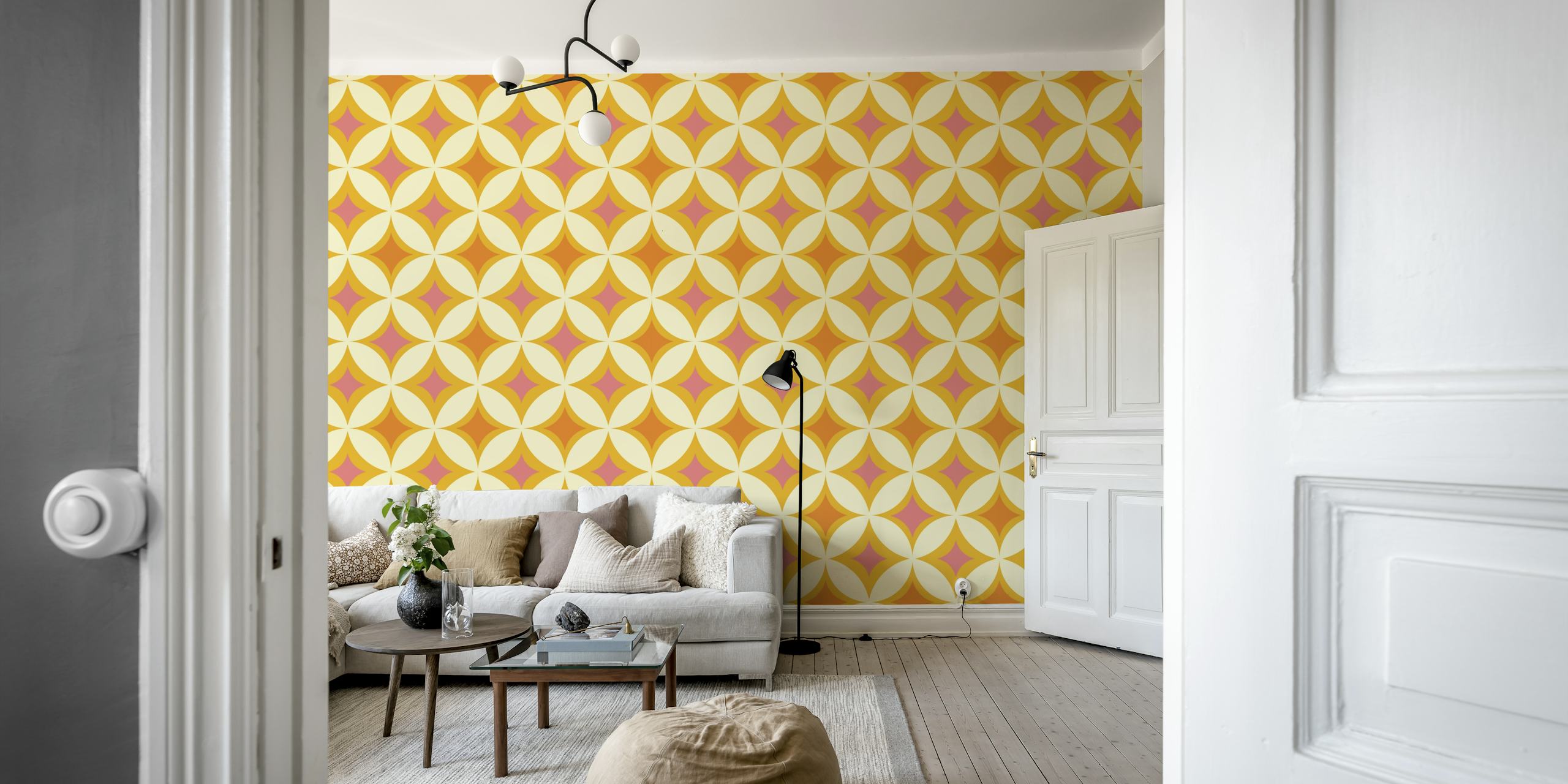 Papel de parede Retro Tiles Dot Pink em um quarto
