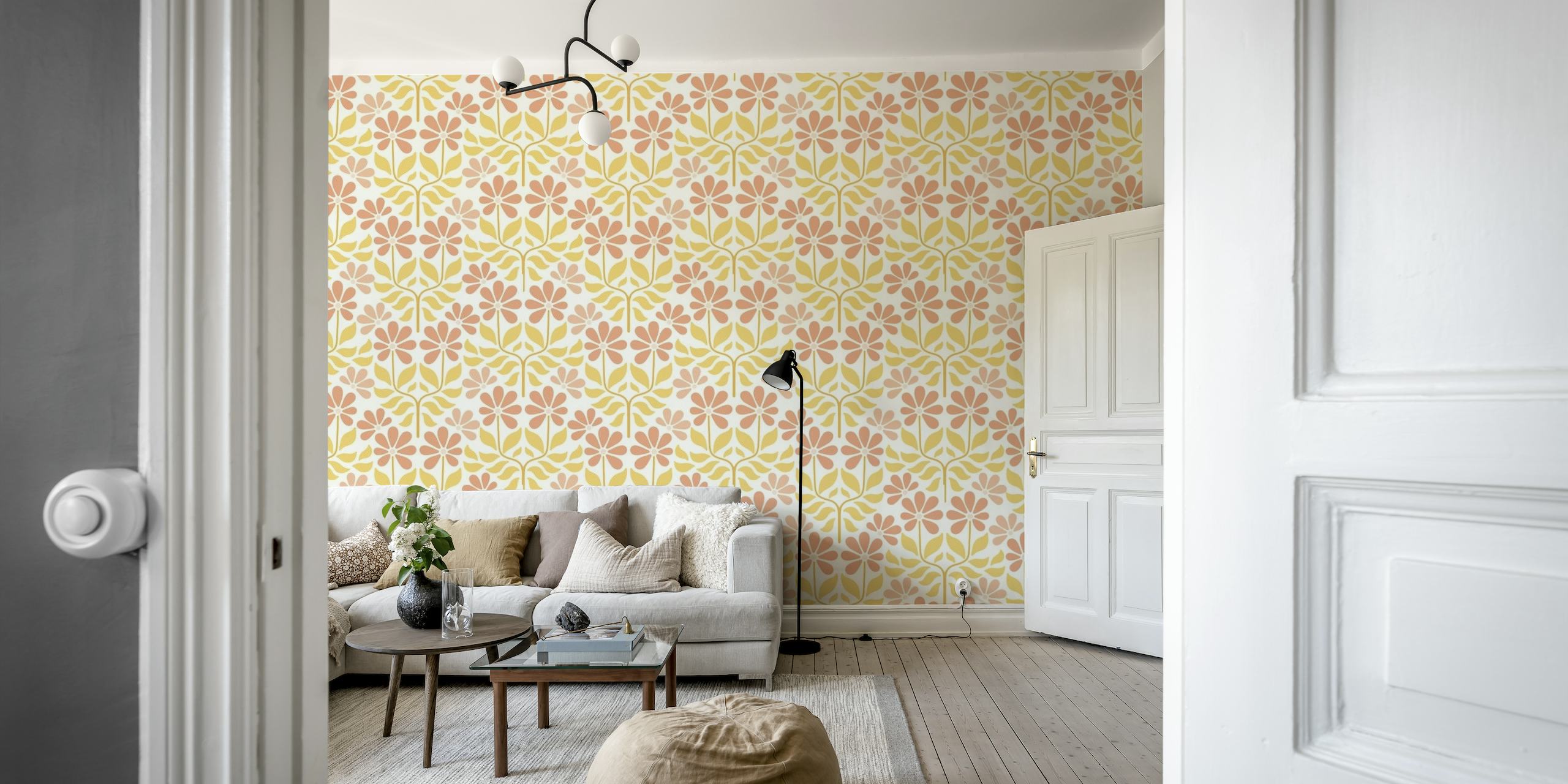 Boho Flowers patterned wall mural with warm coral and yellow tones on a neutral background.