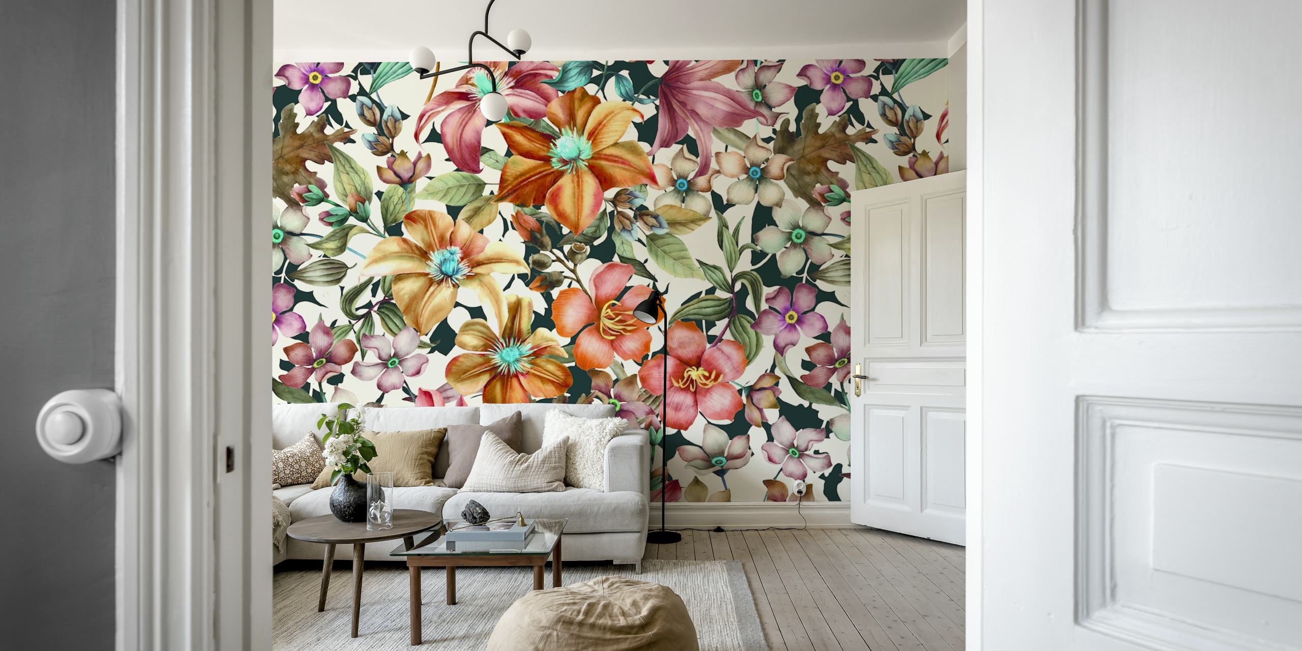 Muurschildering met vintage-stijl botanisch tuinontwerp met veelkleurige bloemen op een neutrale achtergrond