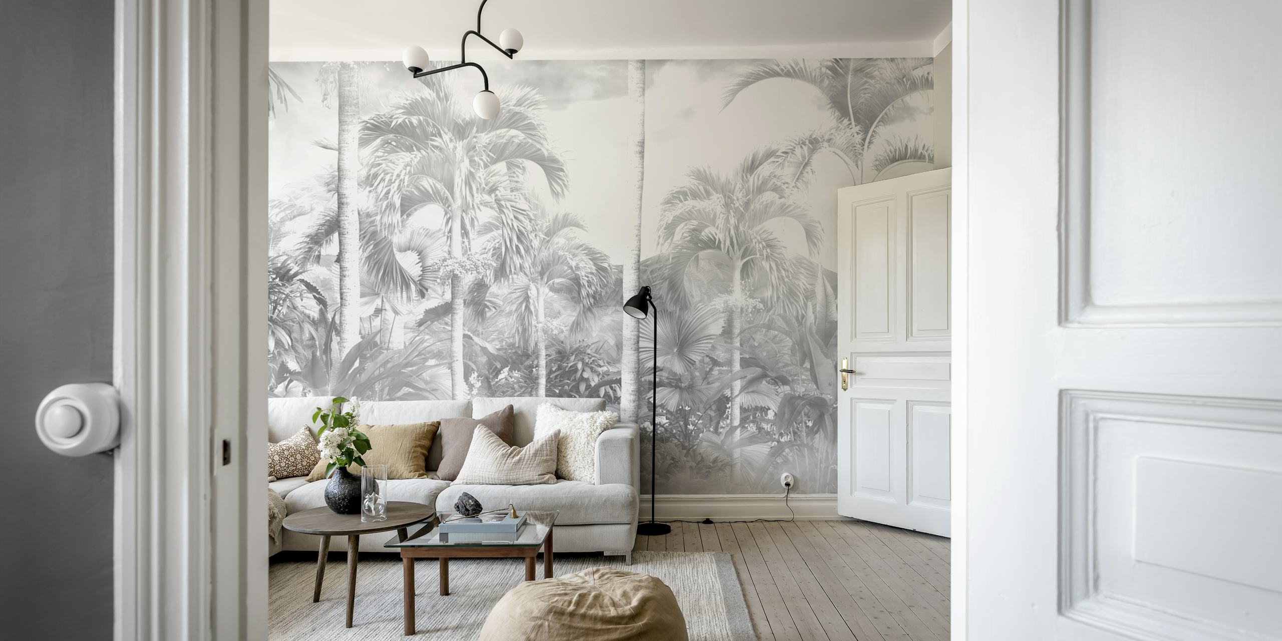 Foggy τοίχο mural δάσους με σιλουέτες τροπικών trees