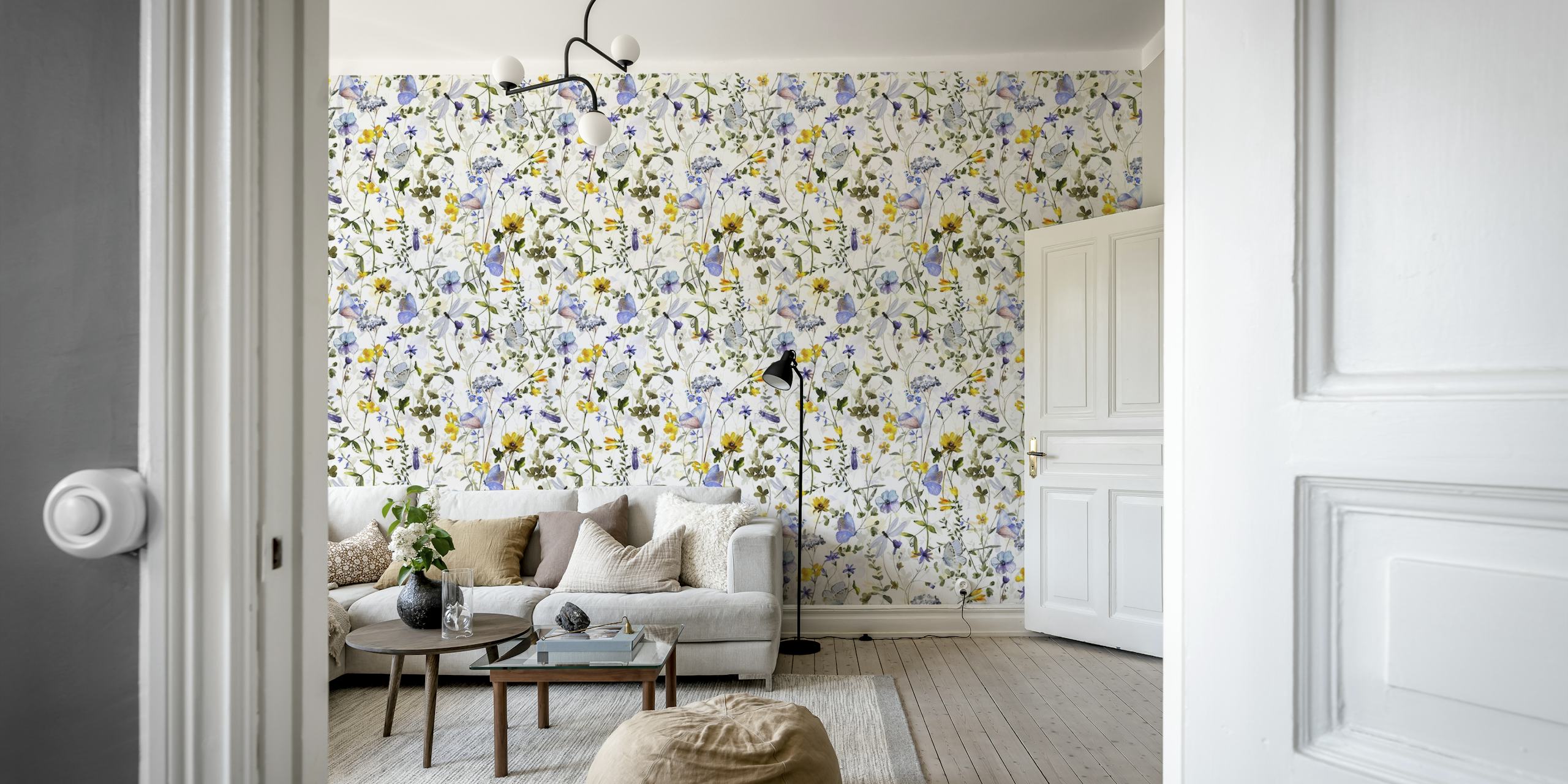 delicate white and yellow wildflowers in a sun-kissed meadow wall mural