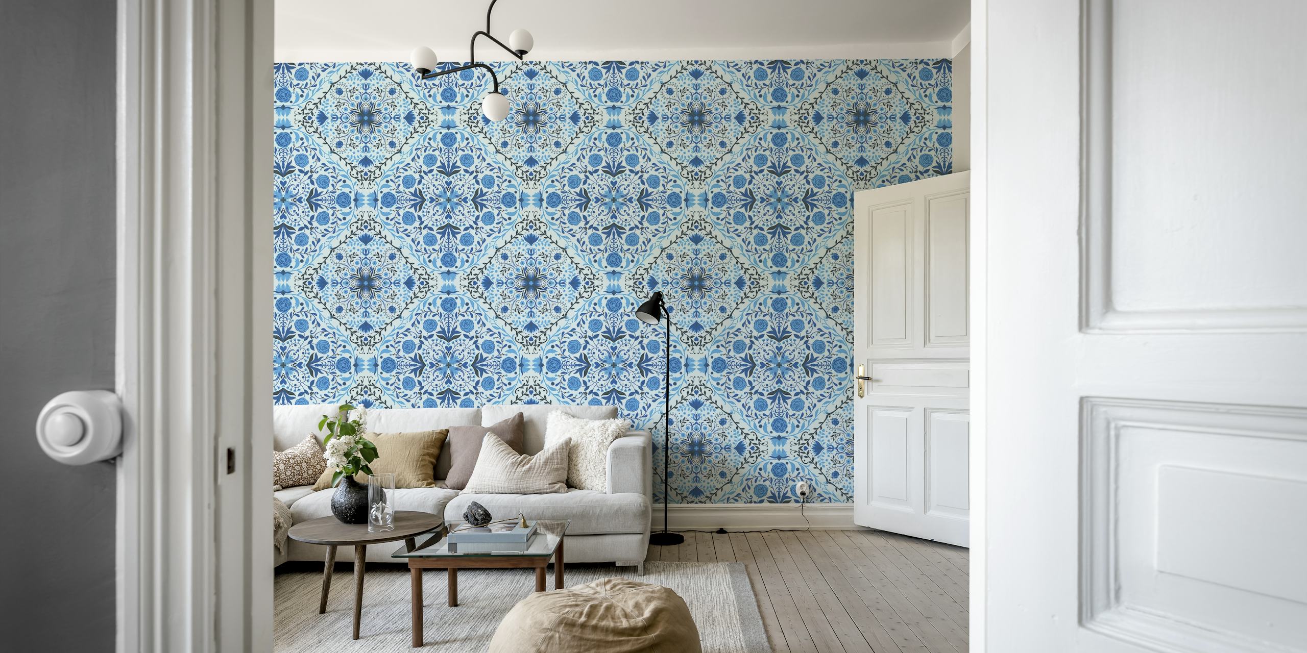 Floral tiles wallpaper in blue