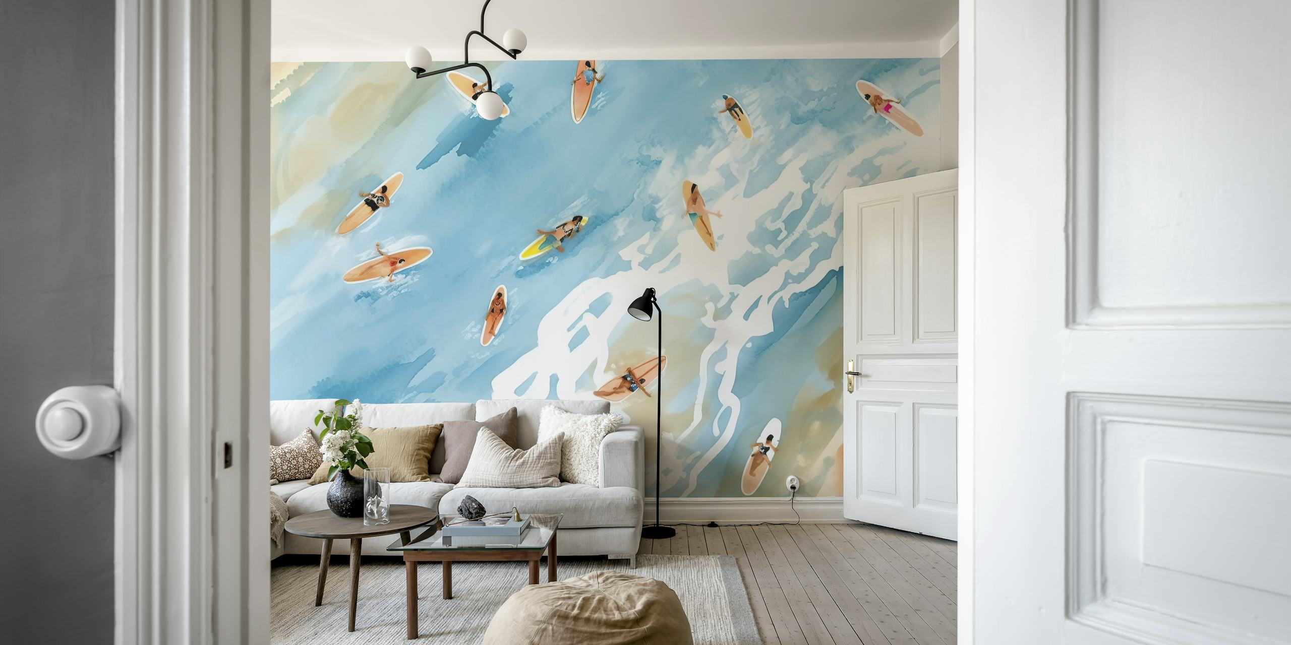 Surfers on colorful waves, blue ocean and tan sand wallpaper