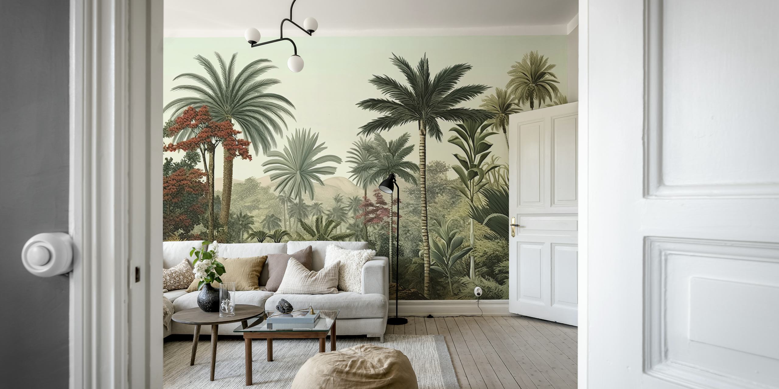 Tropical palm trees in various greens and red hues wallpaper