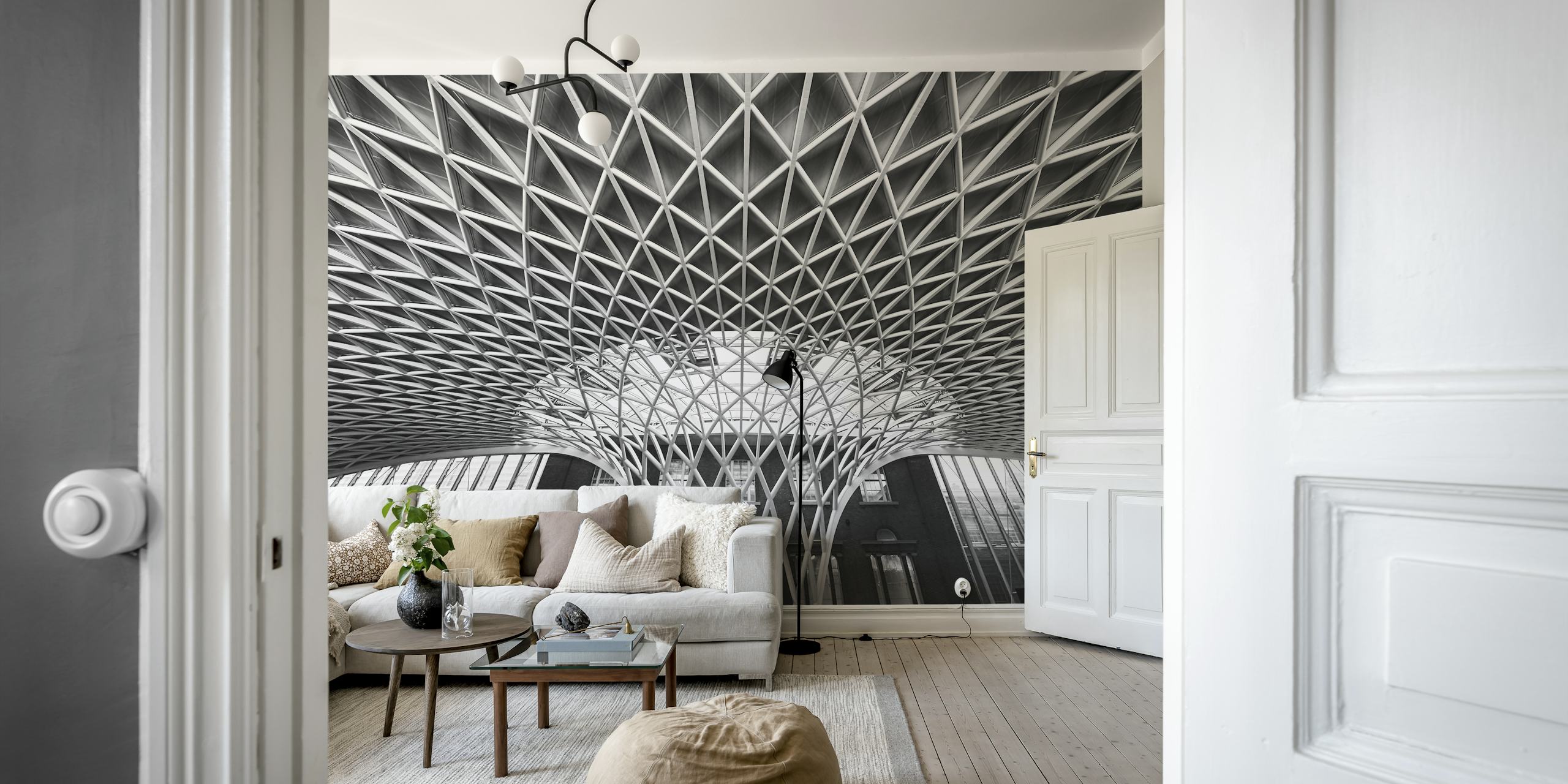 Geometric pattern featuring a white lattice design on a black background wallpaper