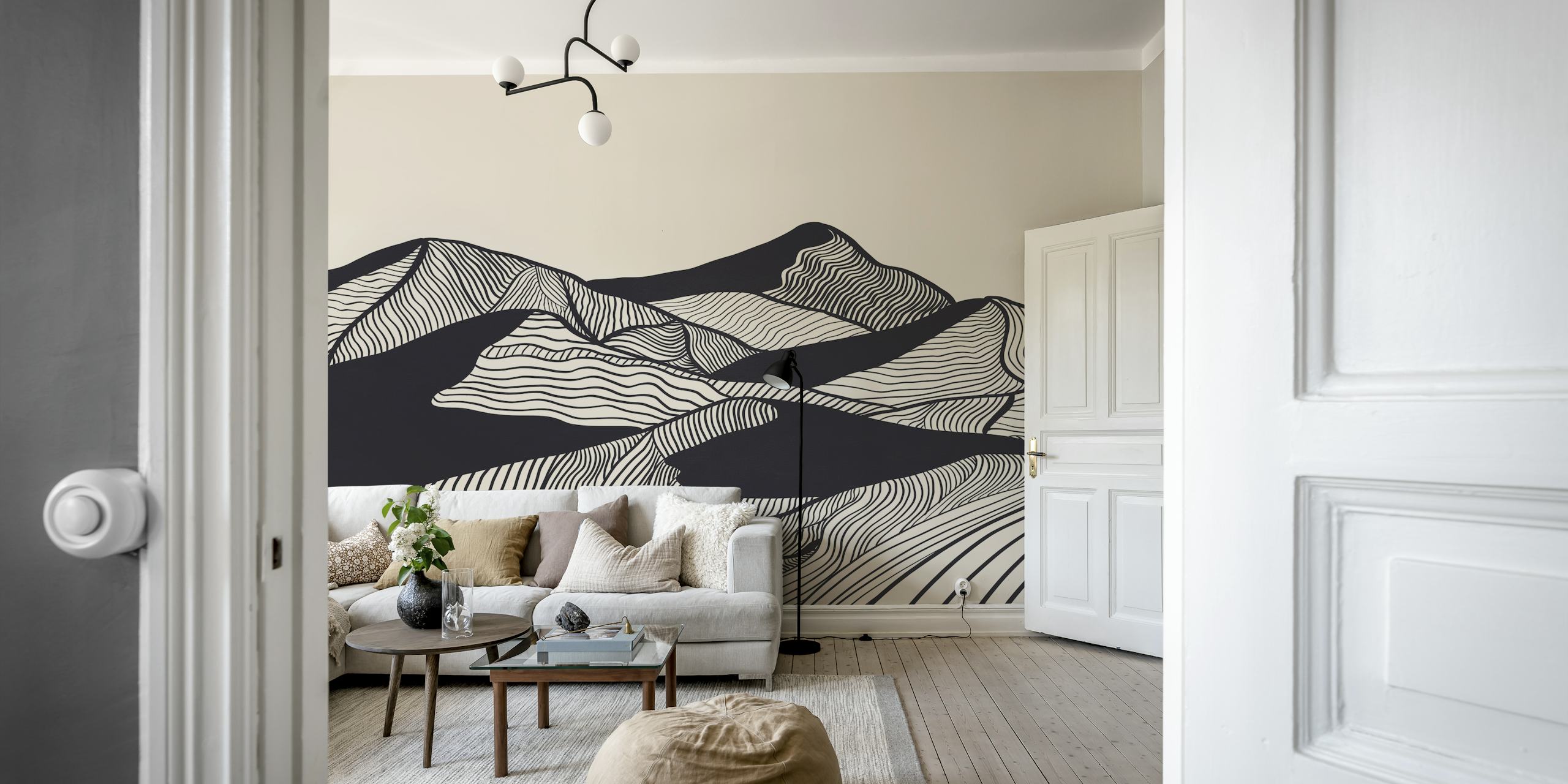 Black line art mountains on beige background wallpaper