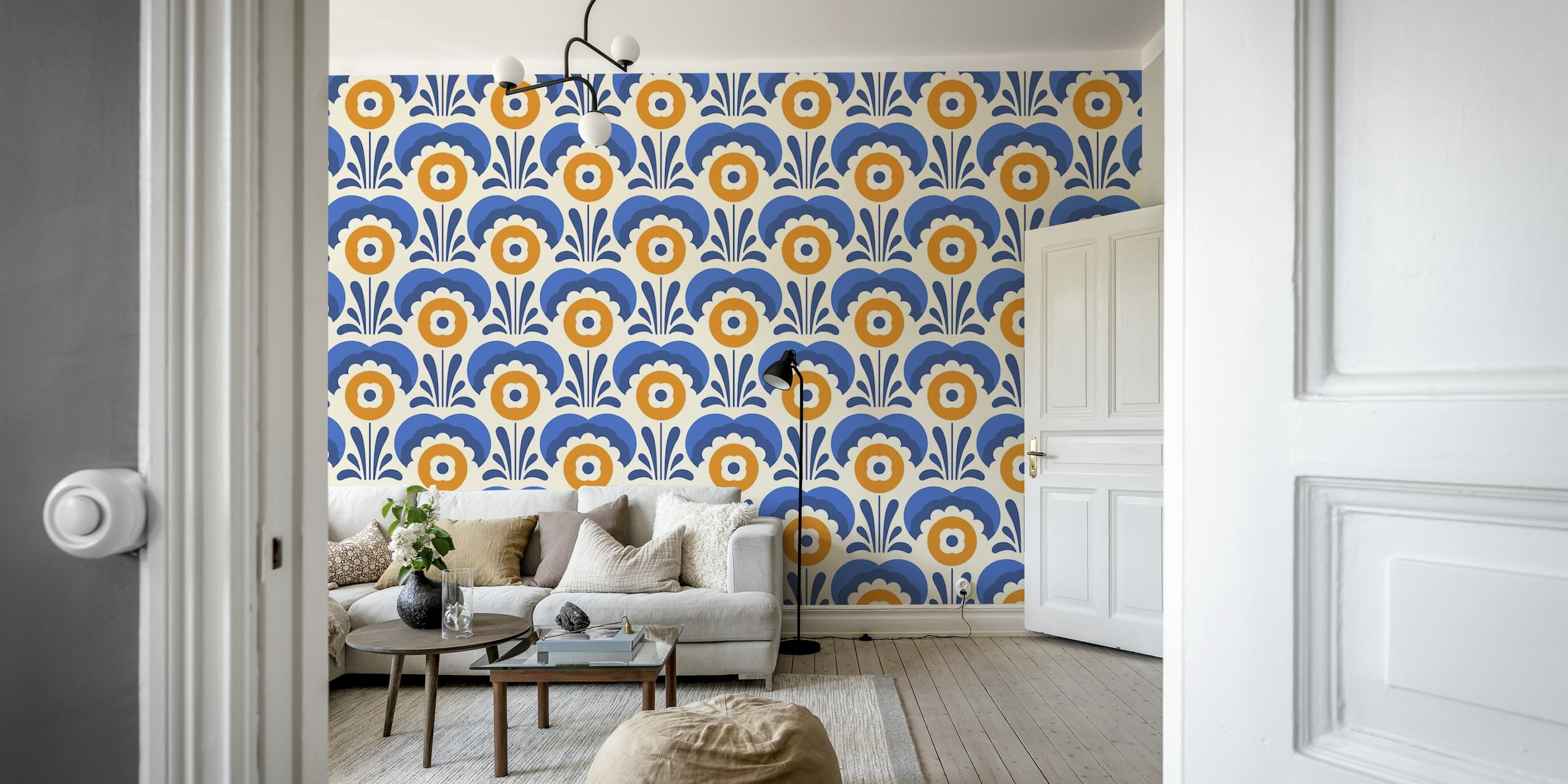 2110 Playful flowers pattern papel pintado mostrado en una habitación