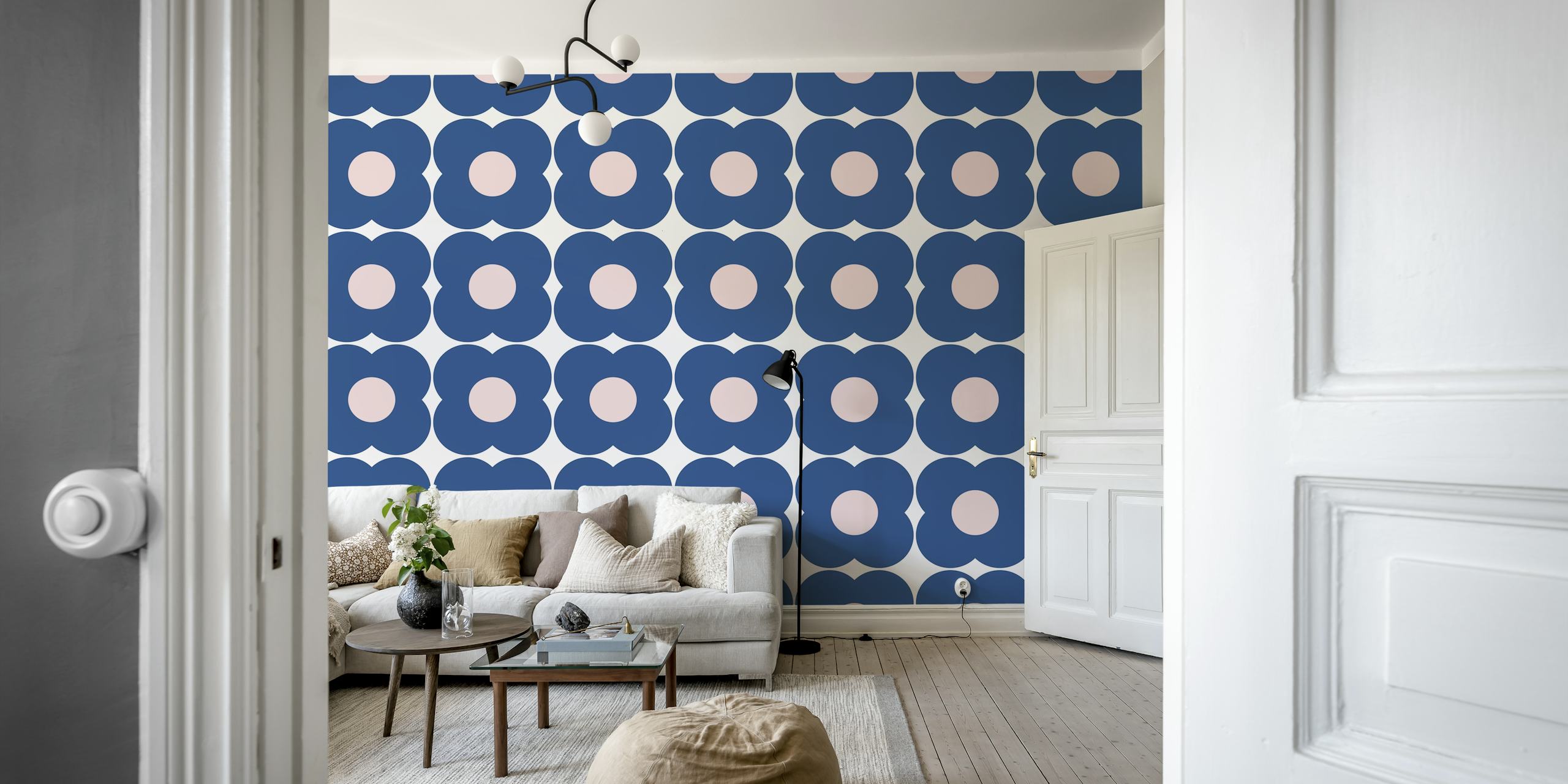 Retro Blue Geometric Flowers wallpaper in a room