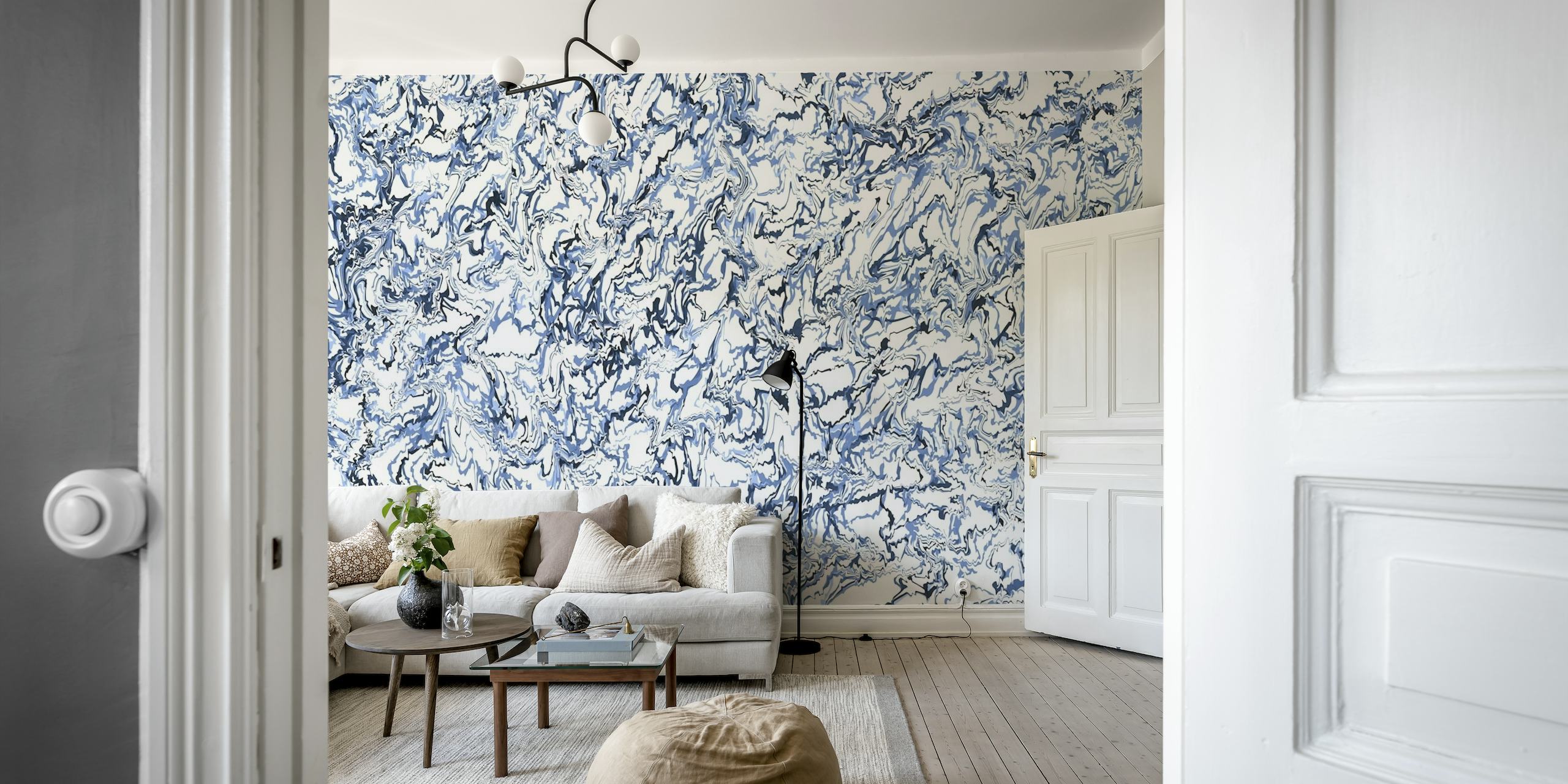 Abstract blue pour painting wall mural with swirling patterns