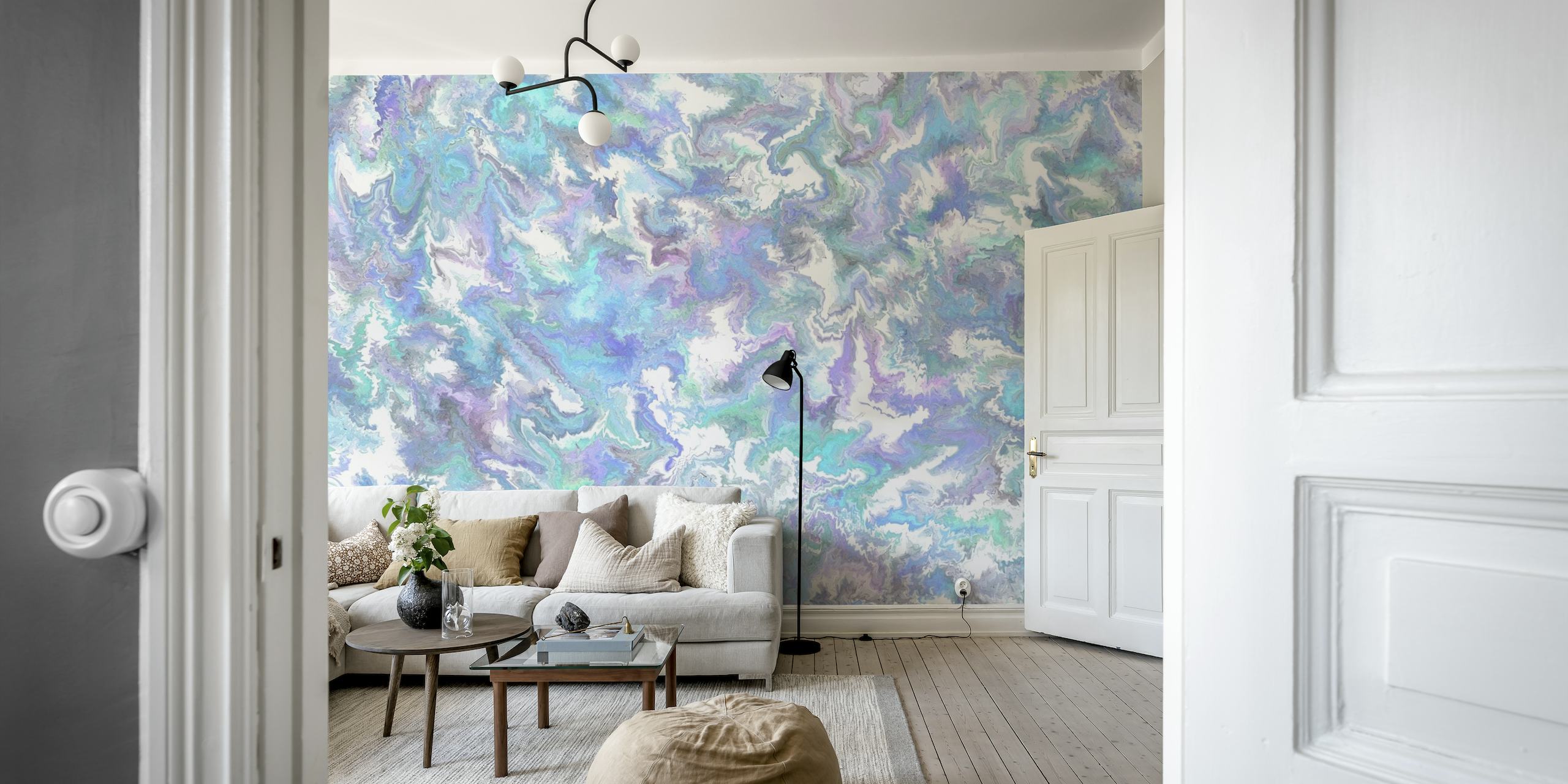 Abstraktes Wandgemälde mit flüssiger Kunst in Blau und Lavendel