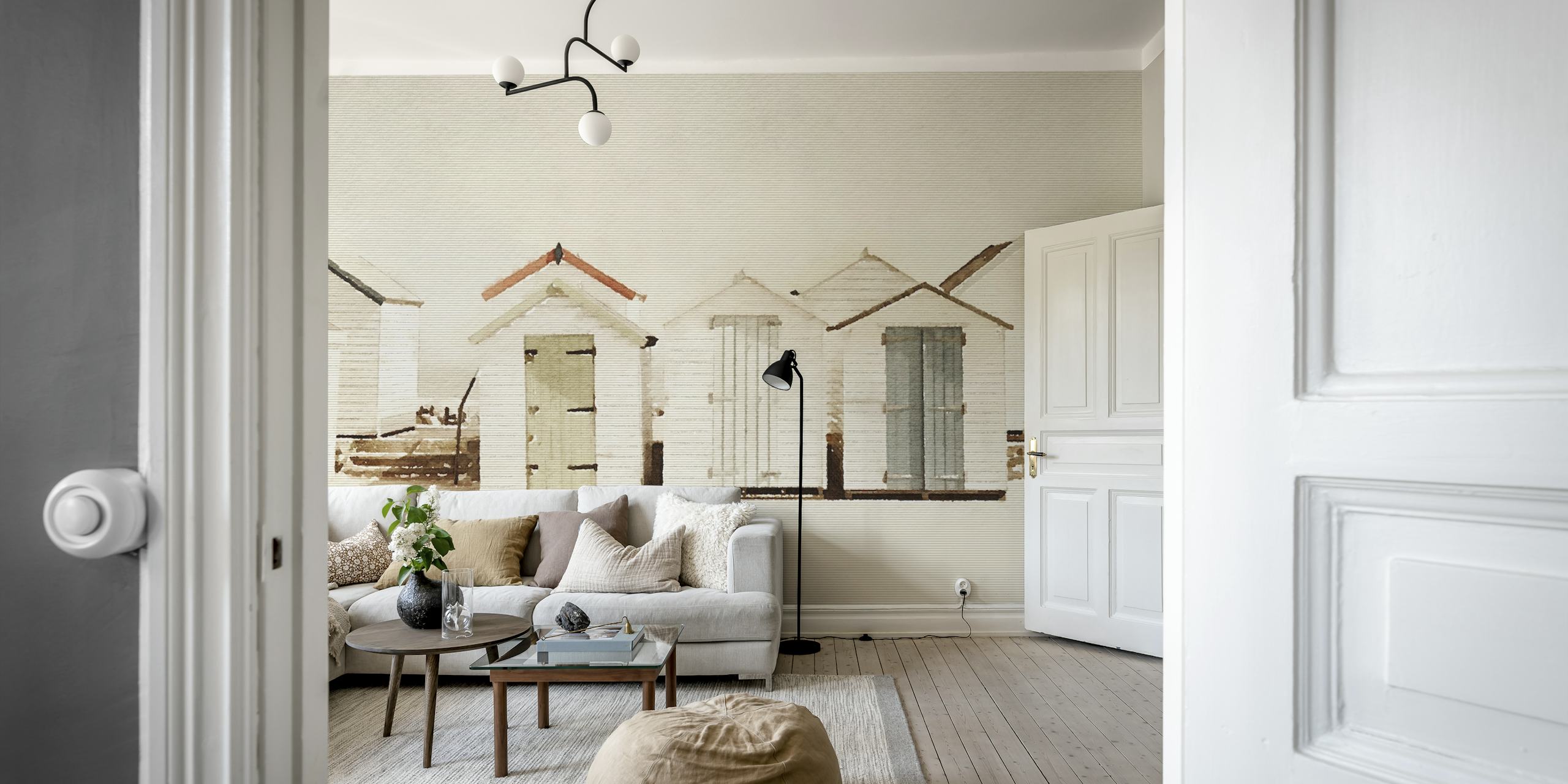 Watercolor beach houses with soft pastel colors and wooden details wallpaper