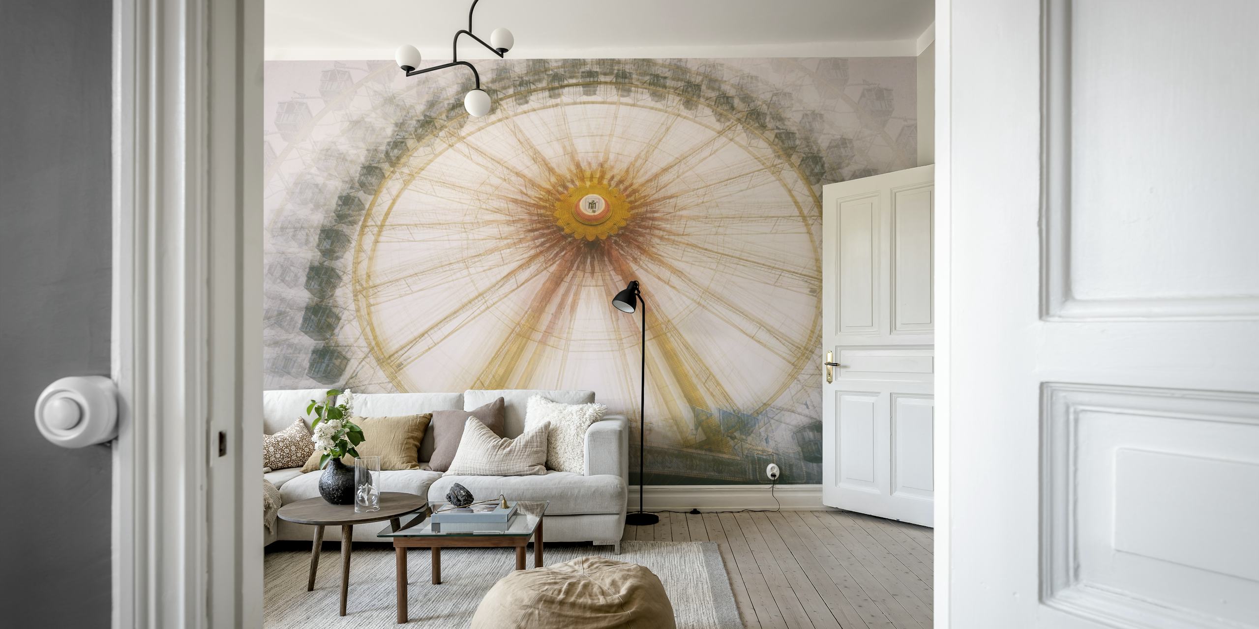 Abstract Ferris wheel design in soft cream and yellow colors wallpaper
