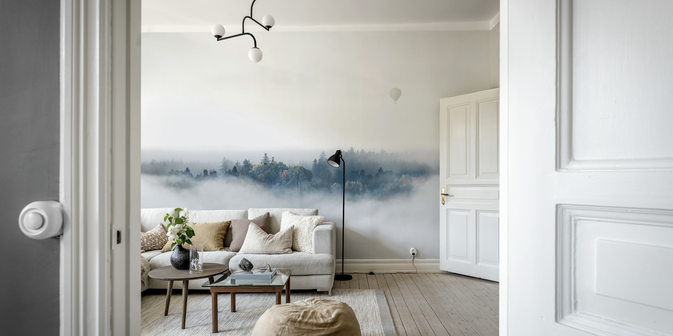 Misty landscape with trees and a hot air balloon, grey tones wallpaper