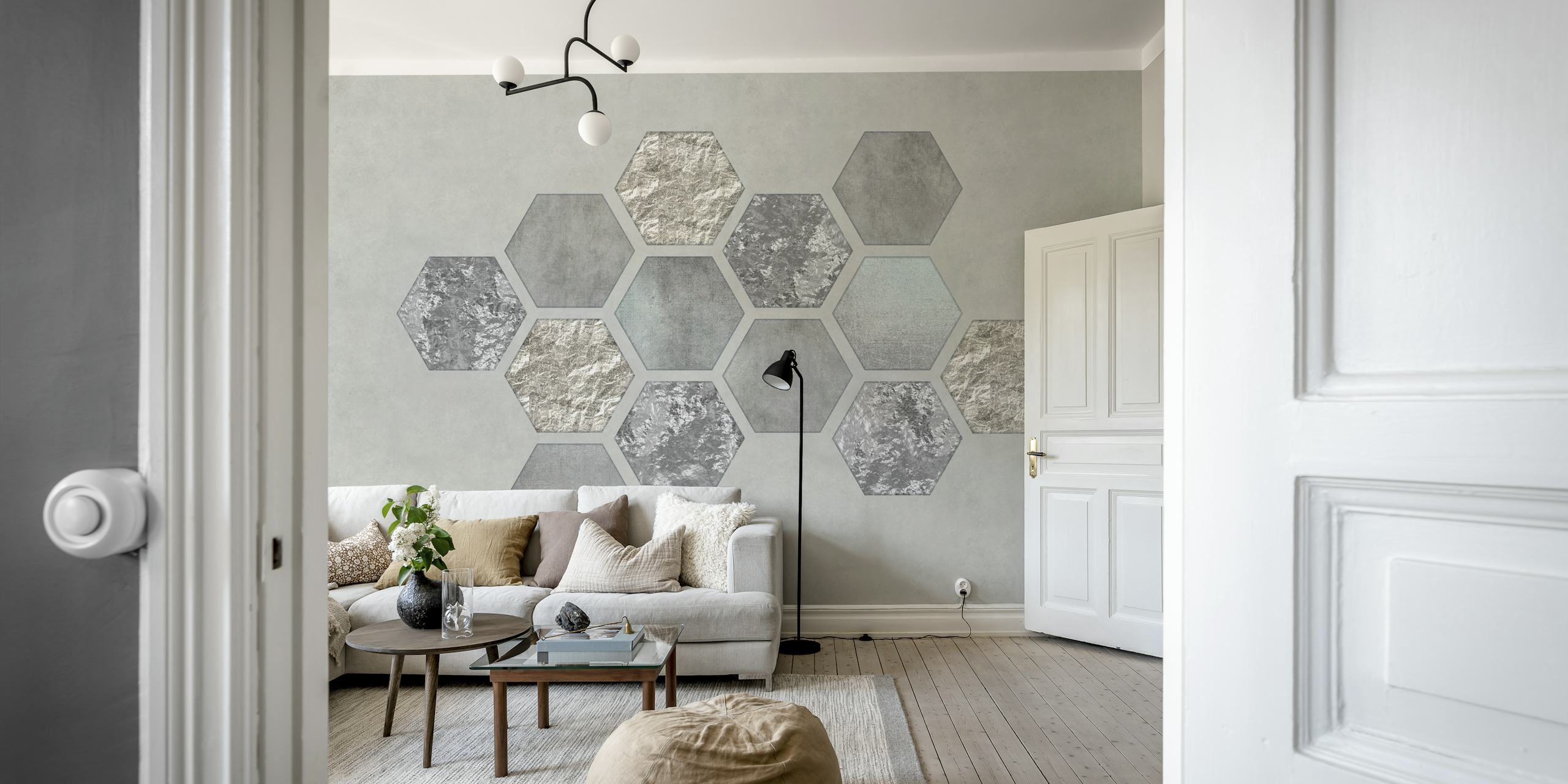 Grey hexagon patterns with textured finishes geometric wallpaper