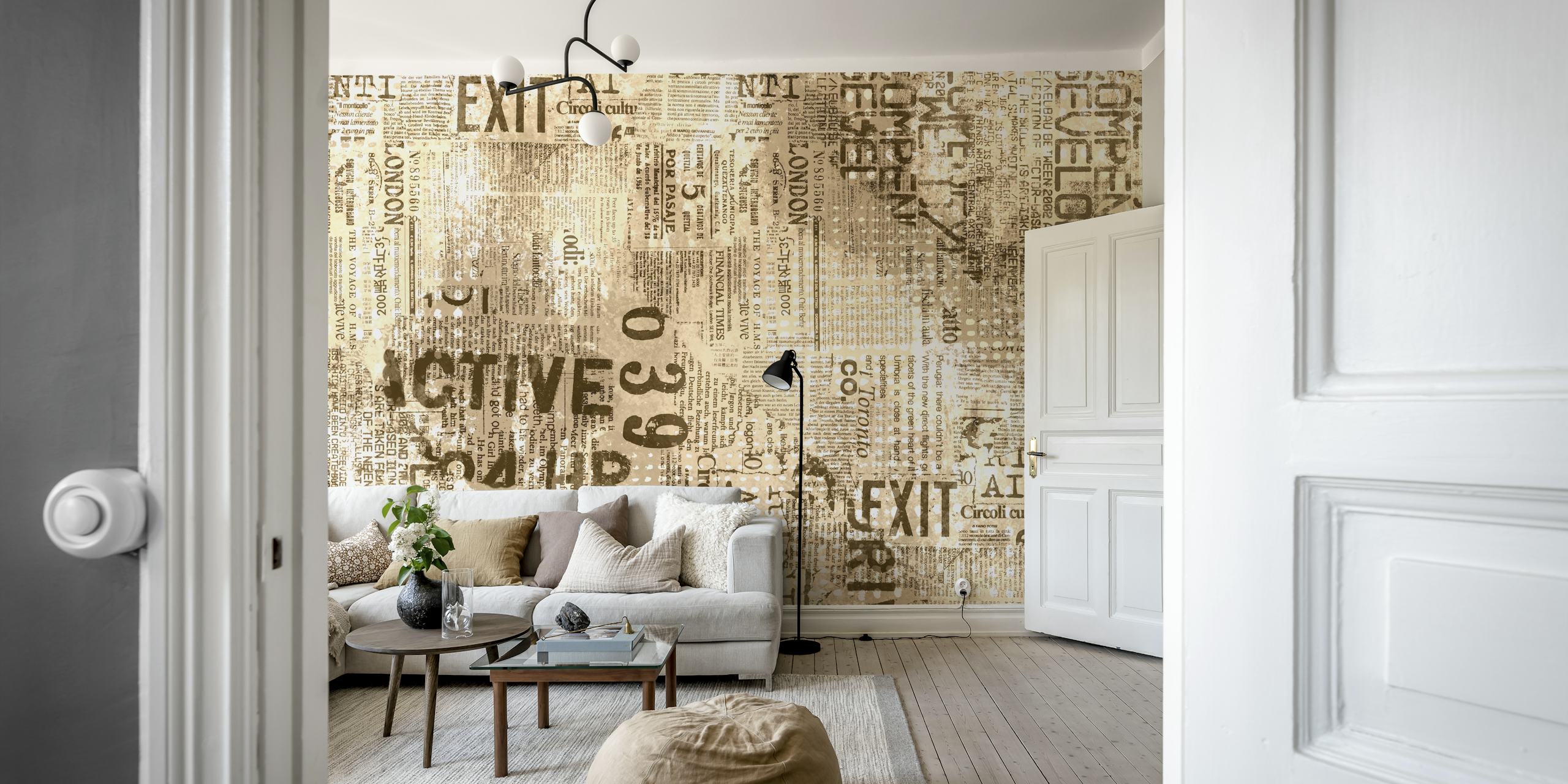Urban beige and brown textured wallpaper with newspaper patterns