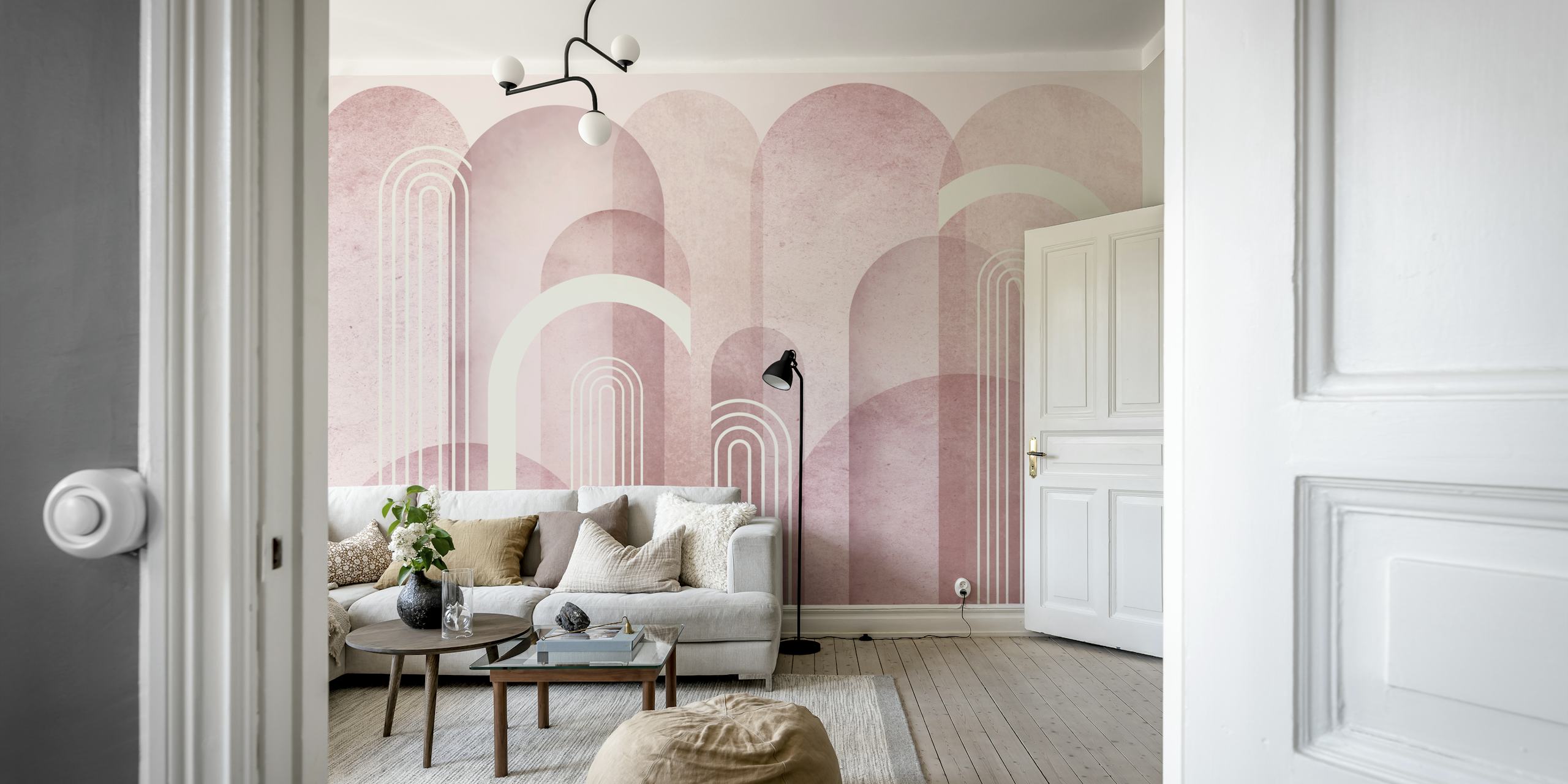 Blush pink mid century arches wallpaper in a room