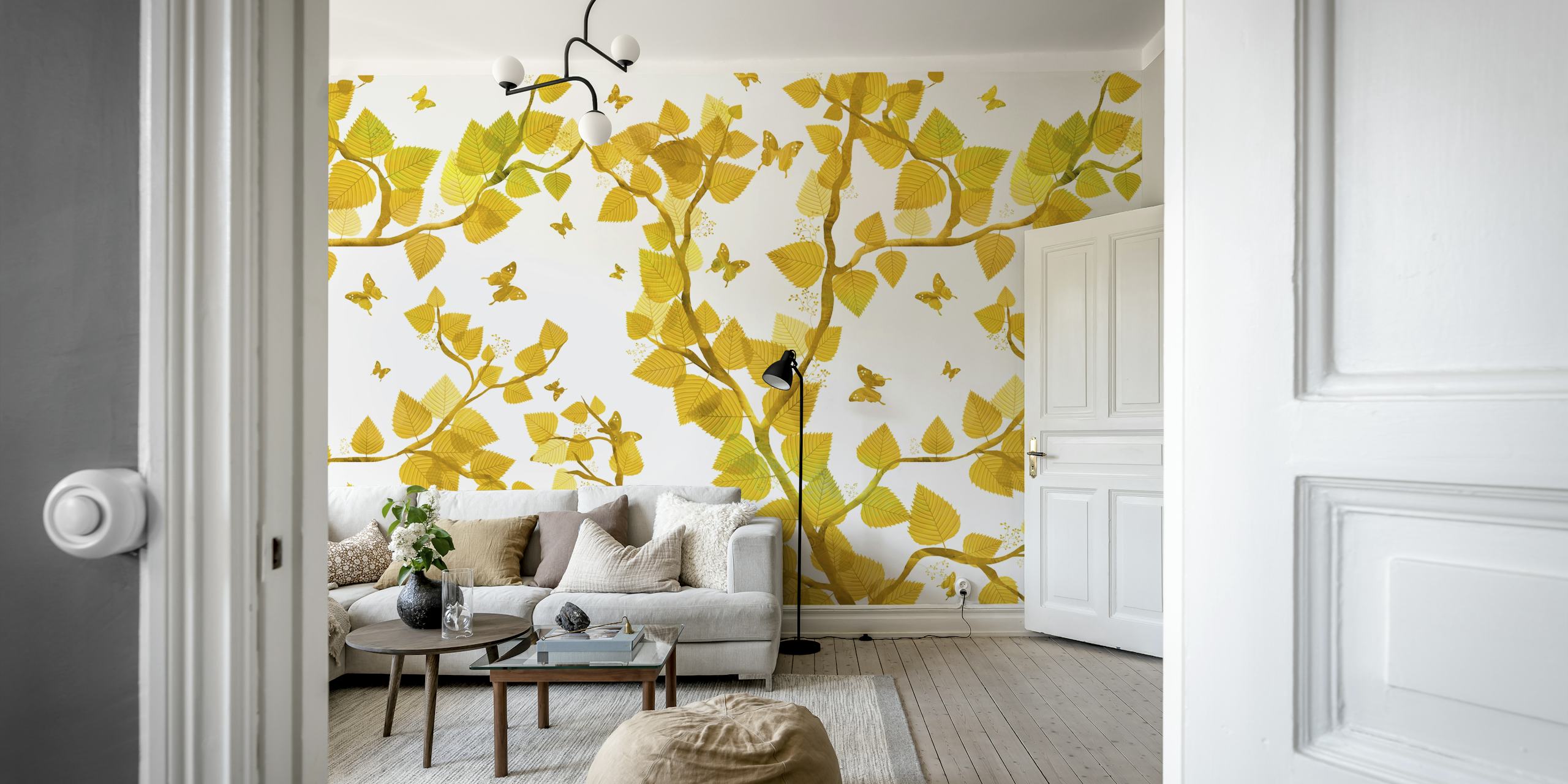 Gold leaves and butterflies on a white background wallpaper