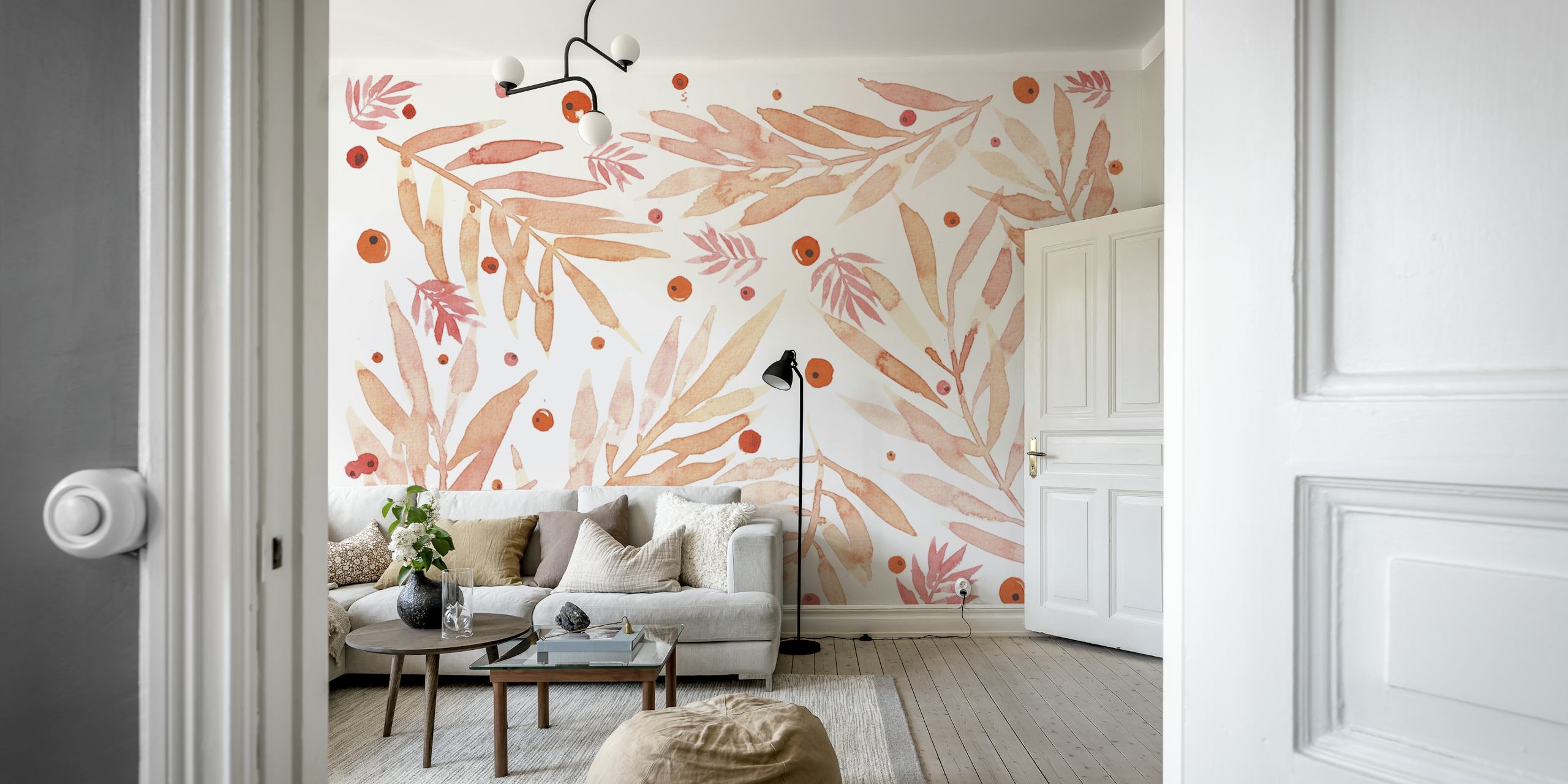 Peach branches with berries wall mural in soft hues of pink and orange