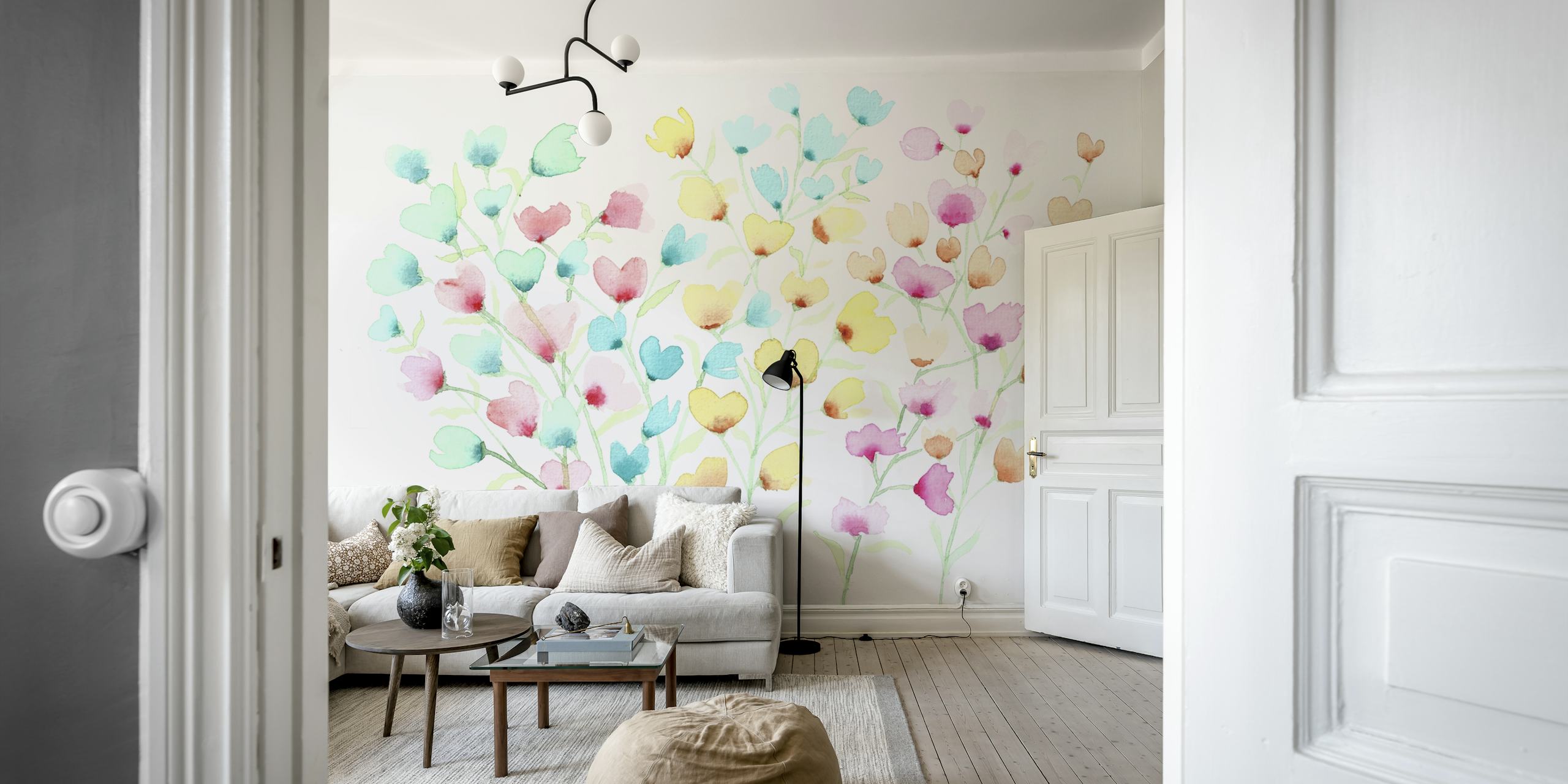 Colorful watercolor flowers in soft pastel shades wallpaper