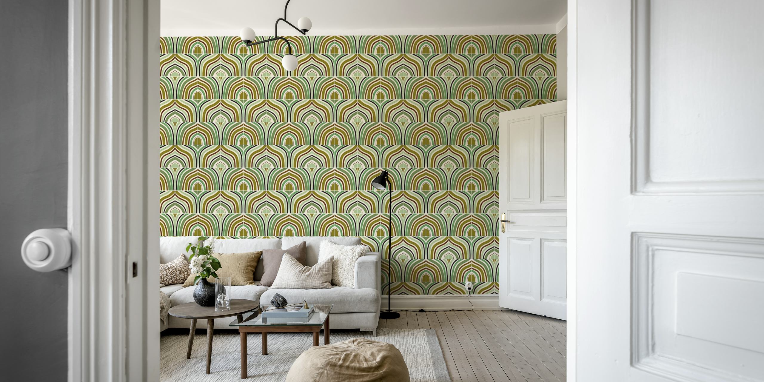 Green and brown geometric arched pattern wallpaper