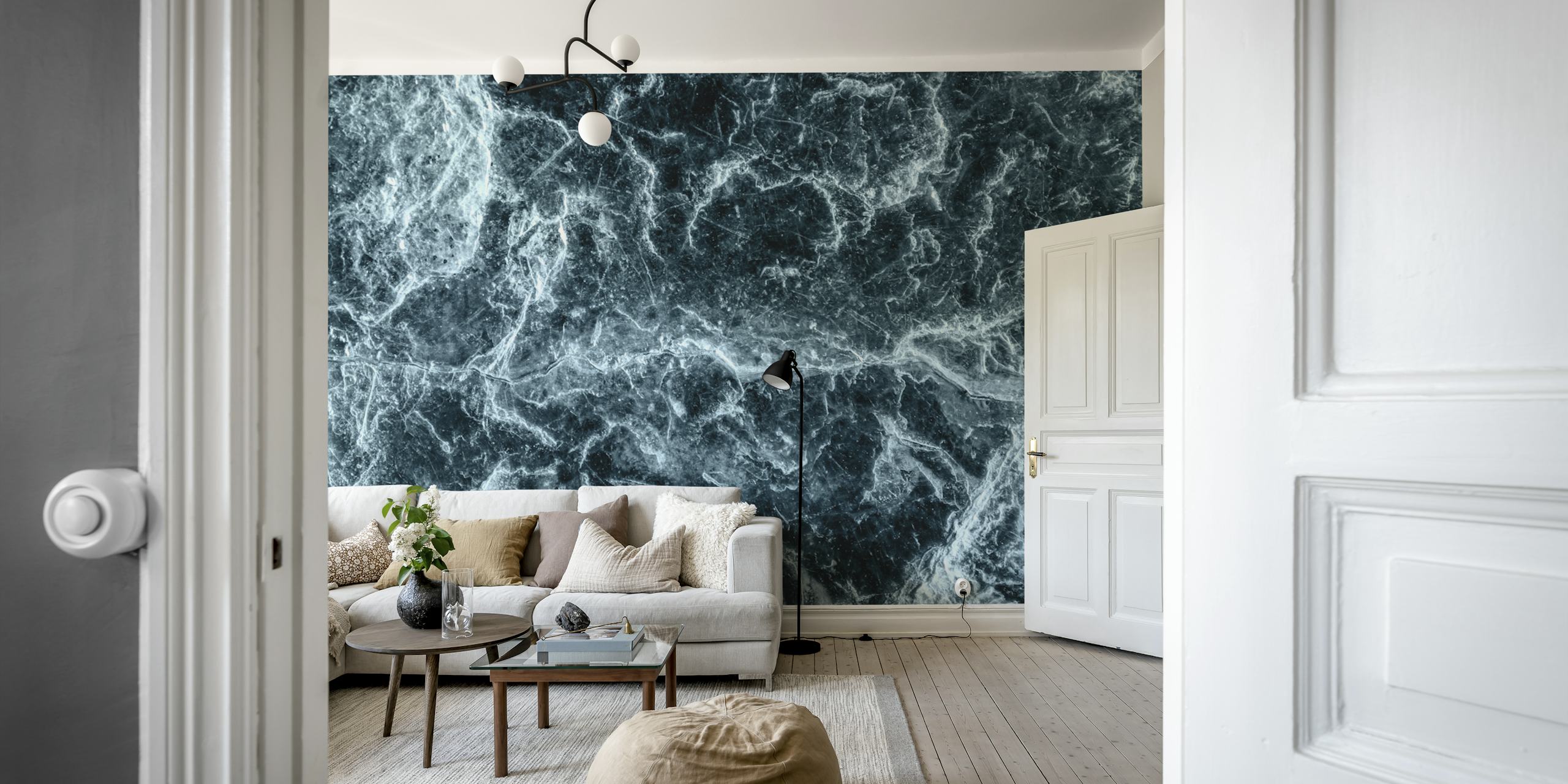 Deep blue marble texture wallpaper with white veining