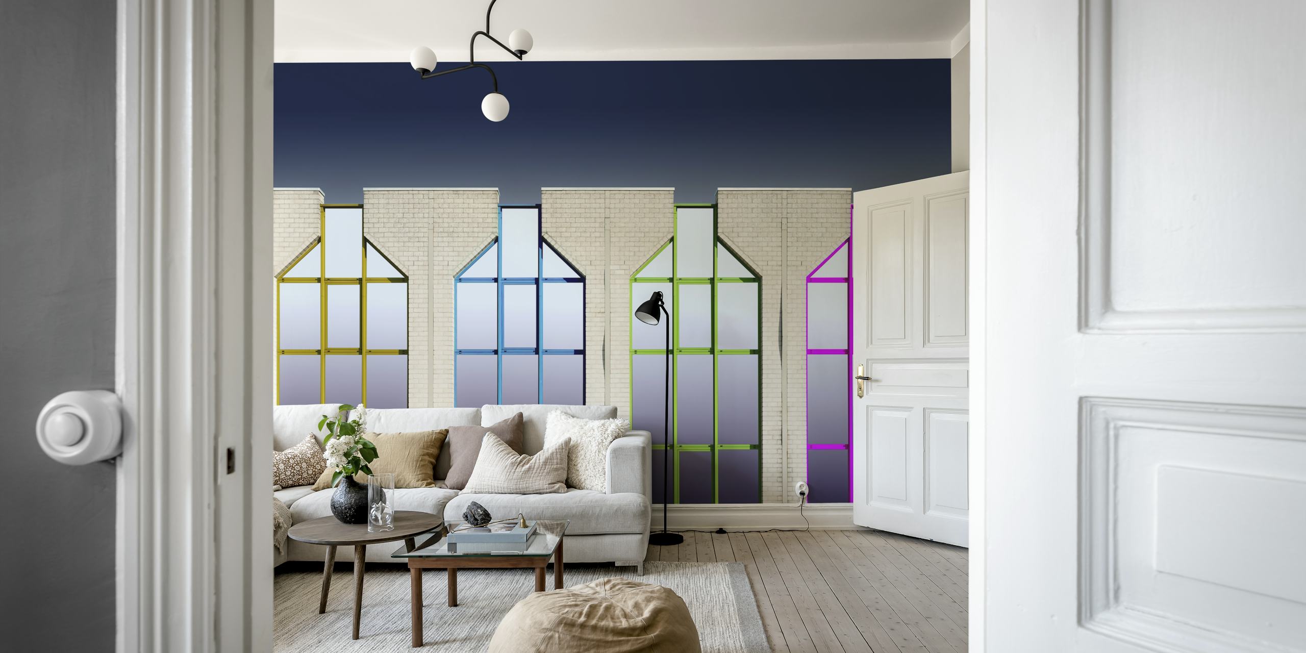Fargerike kirkevindusbuer veggmaleri design fra happywall.com