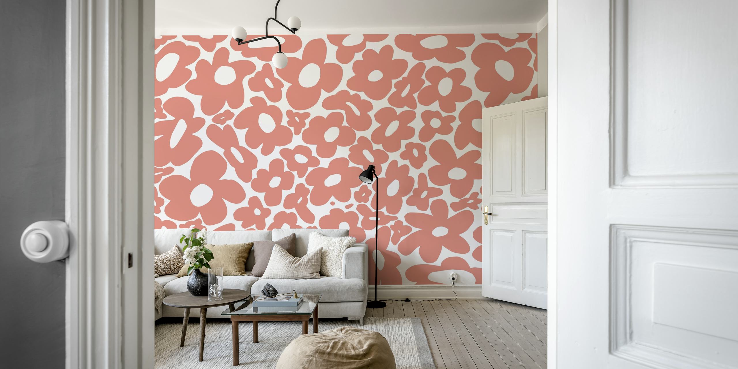 Retro hippy flower wallpaper in a room