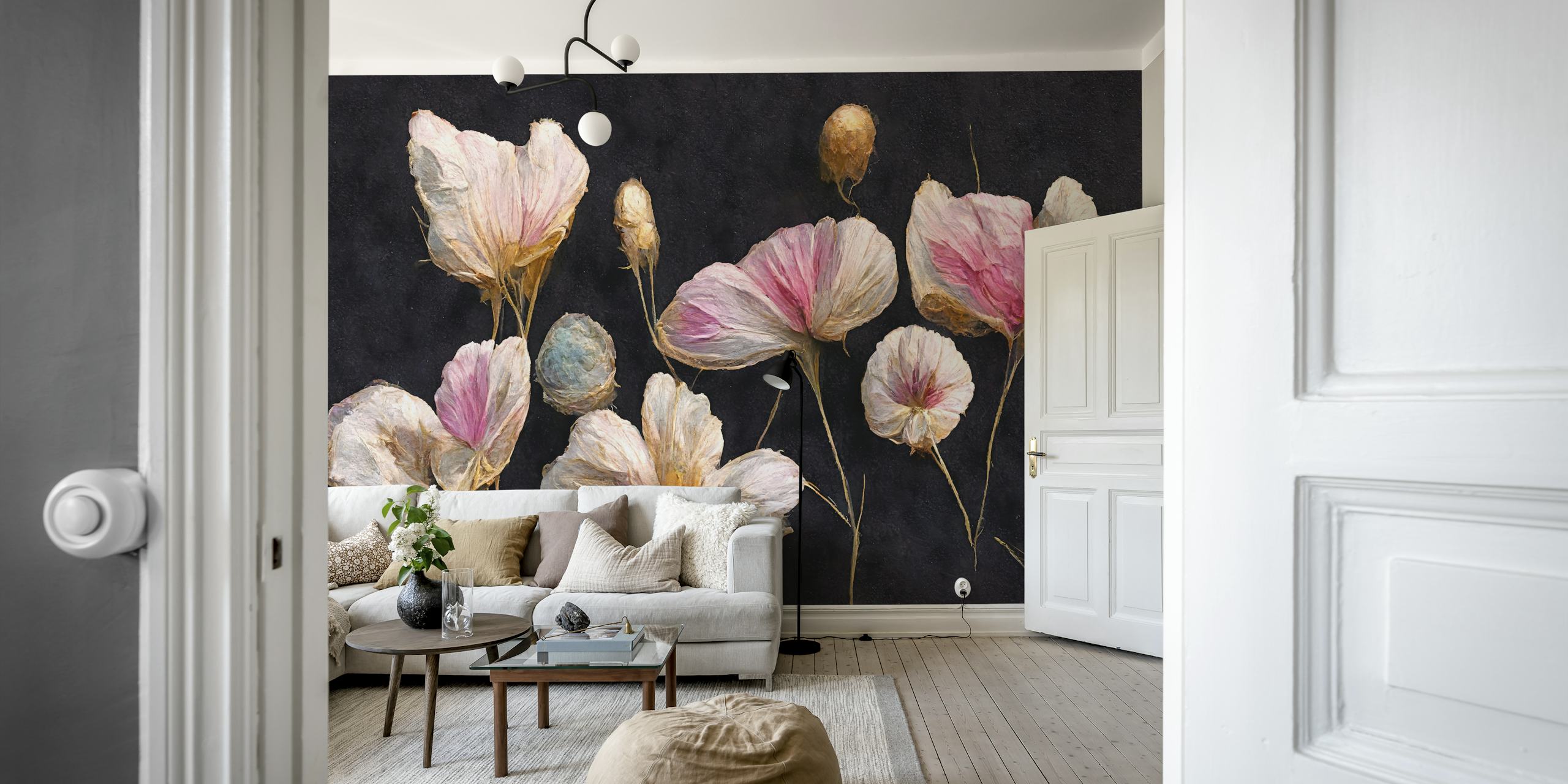 Pink dry flowers on a black background wallpaper