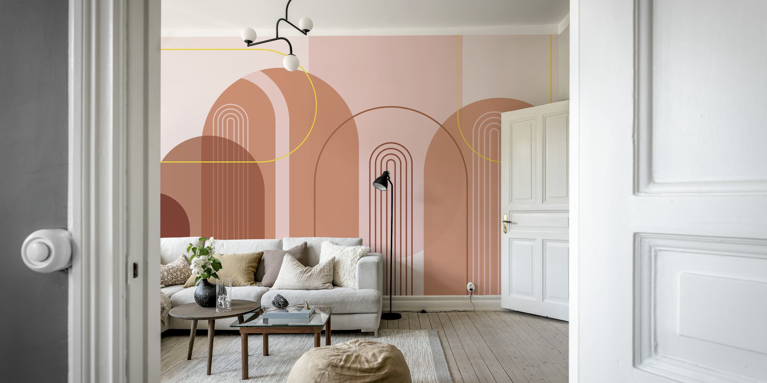 Abstrakt moderne buevægmaleri fra midten af århundredet med pink, beige, rødbrun og guldfarver