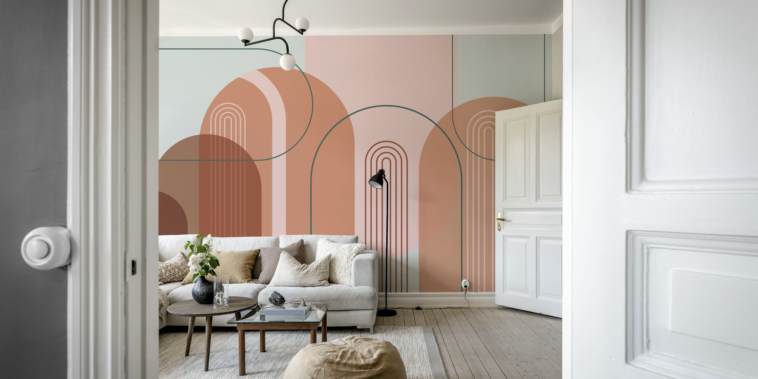 Abstract mid-century modern style wall mural with pastel geometric shapes and arches
