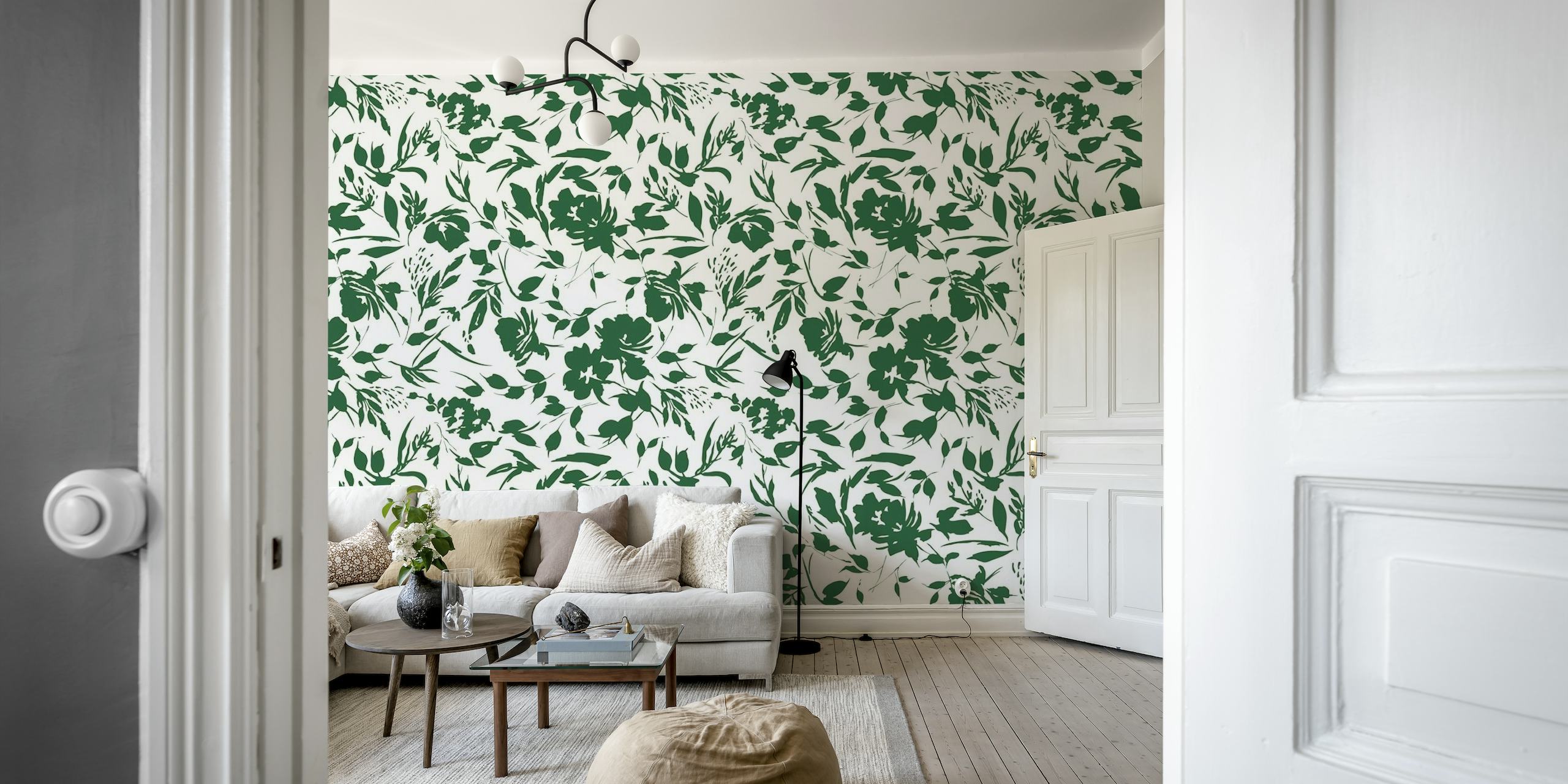 Mural de parede monocromático com tema de jardim selvagem mostrando padrões florais em preto e branco