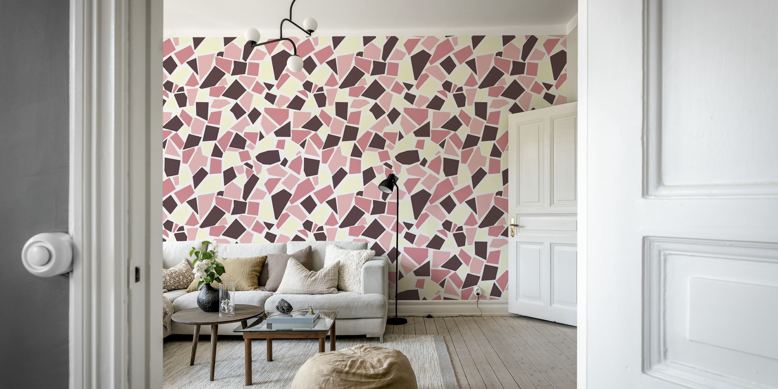 Abstract pink, black, and white mosaic wall mural