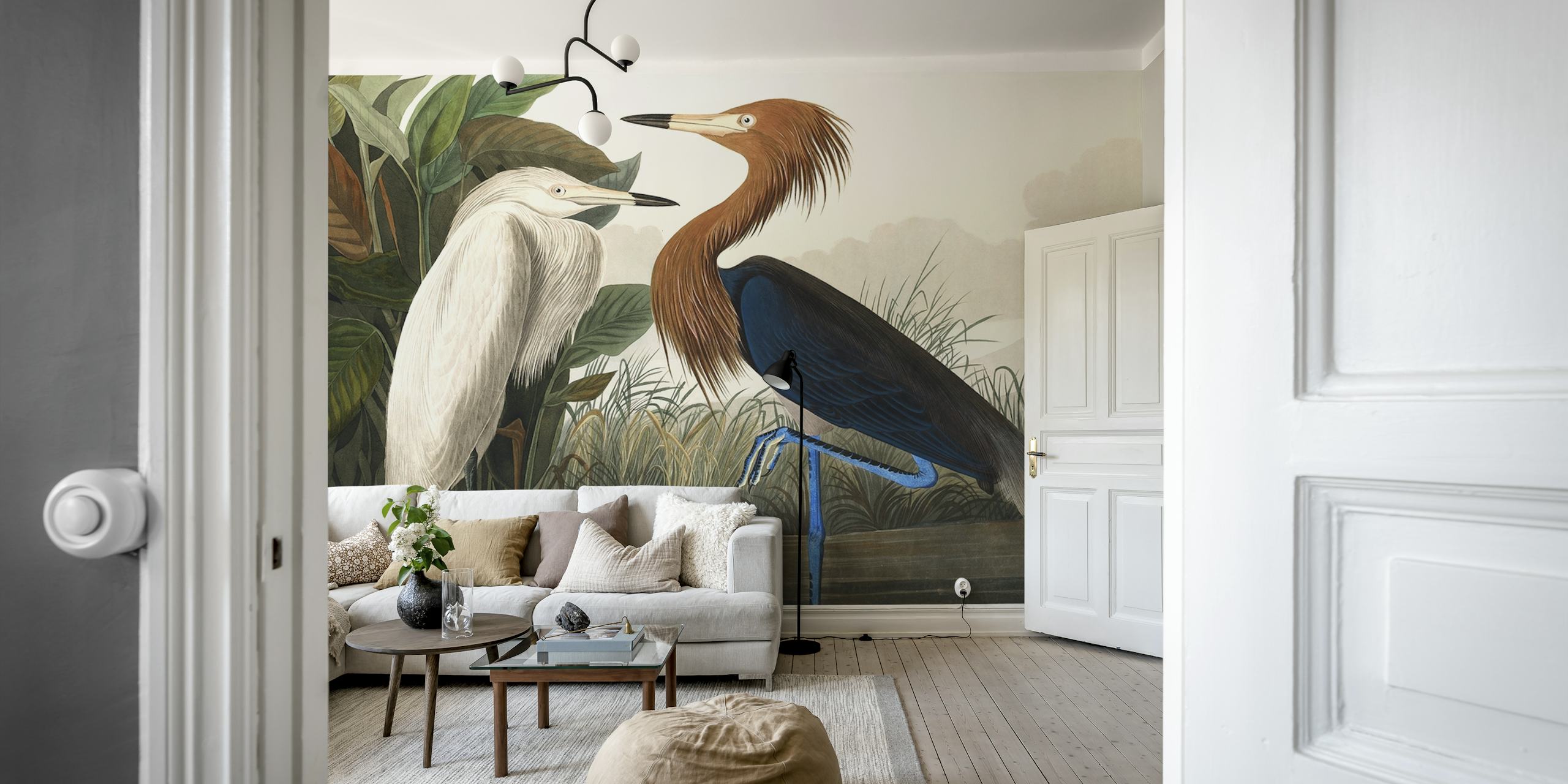 Two vintage tropical birds in a natural setting with green foliage wallpaper.