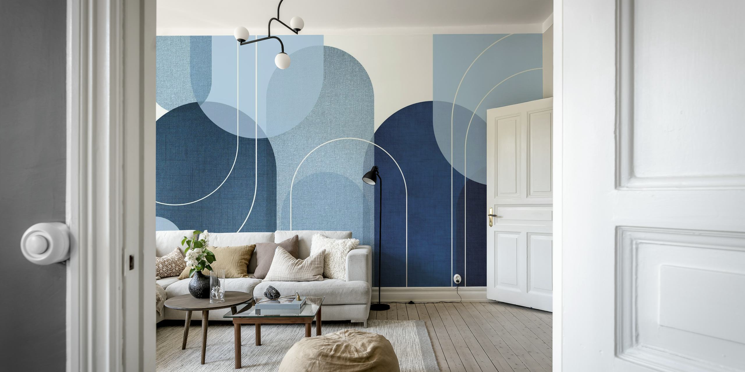 Abstraktit geometriset holvikäytävät sinisen seinämaalauksen sävyissä