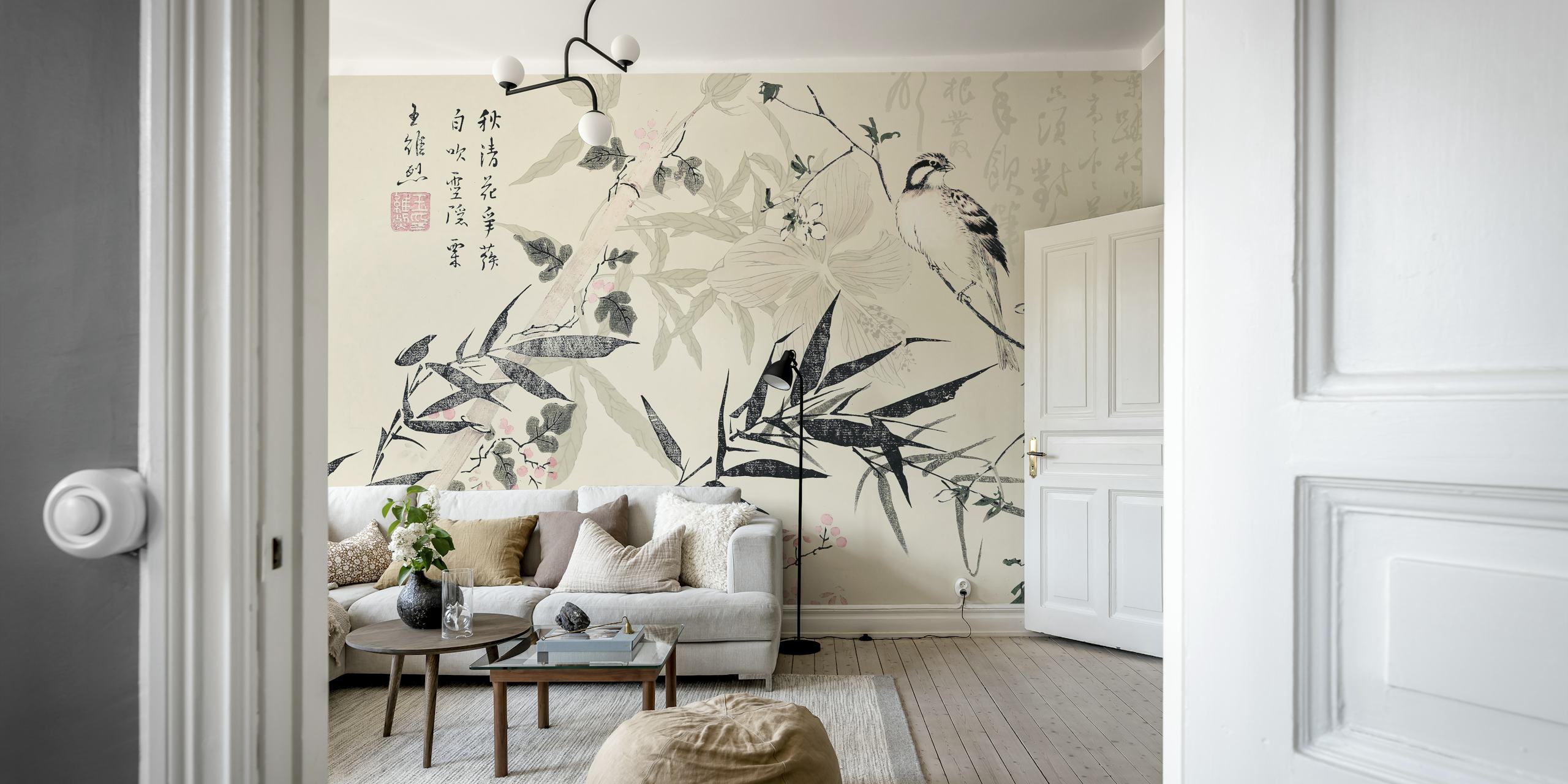 Bamboo Chinoiserie Beige tapetti huoneessa