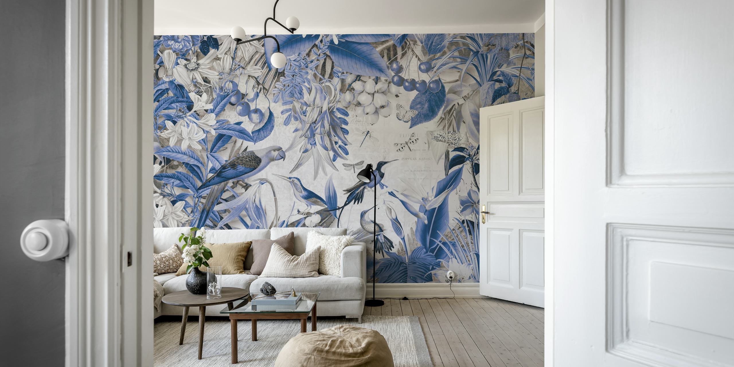 Tropical floral design with blue hues and birds wallpaper