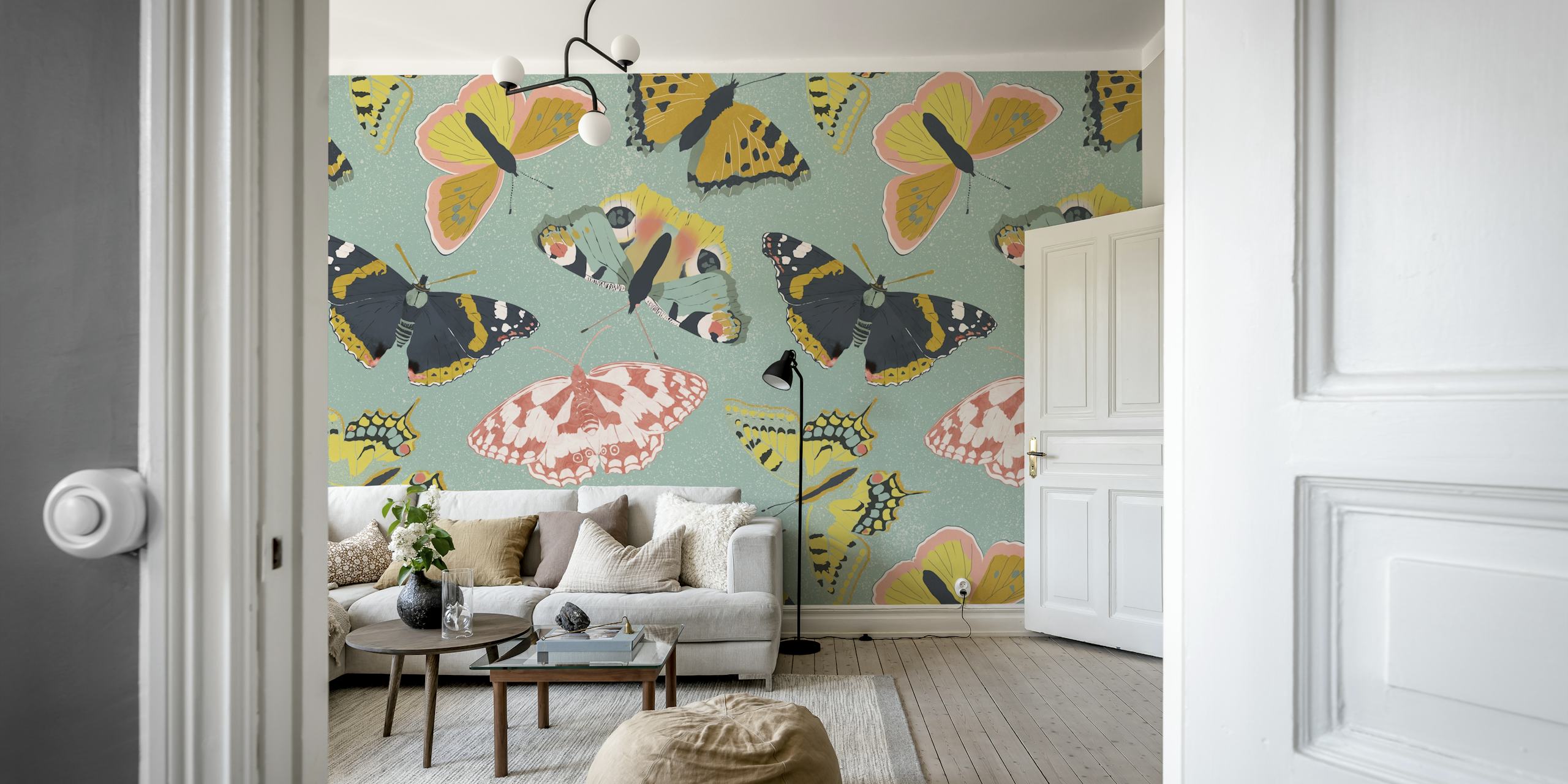 Butterflies Garden teal wallpaper in a room