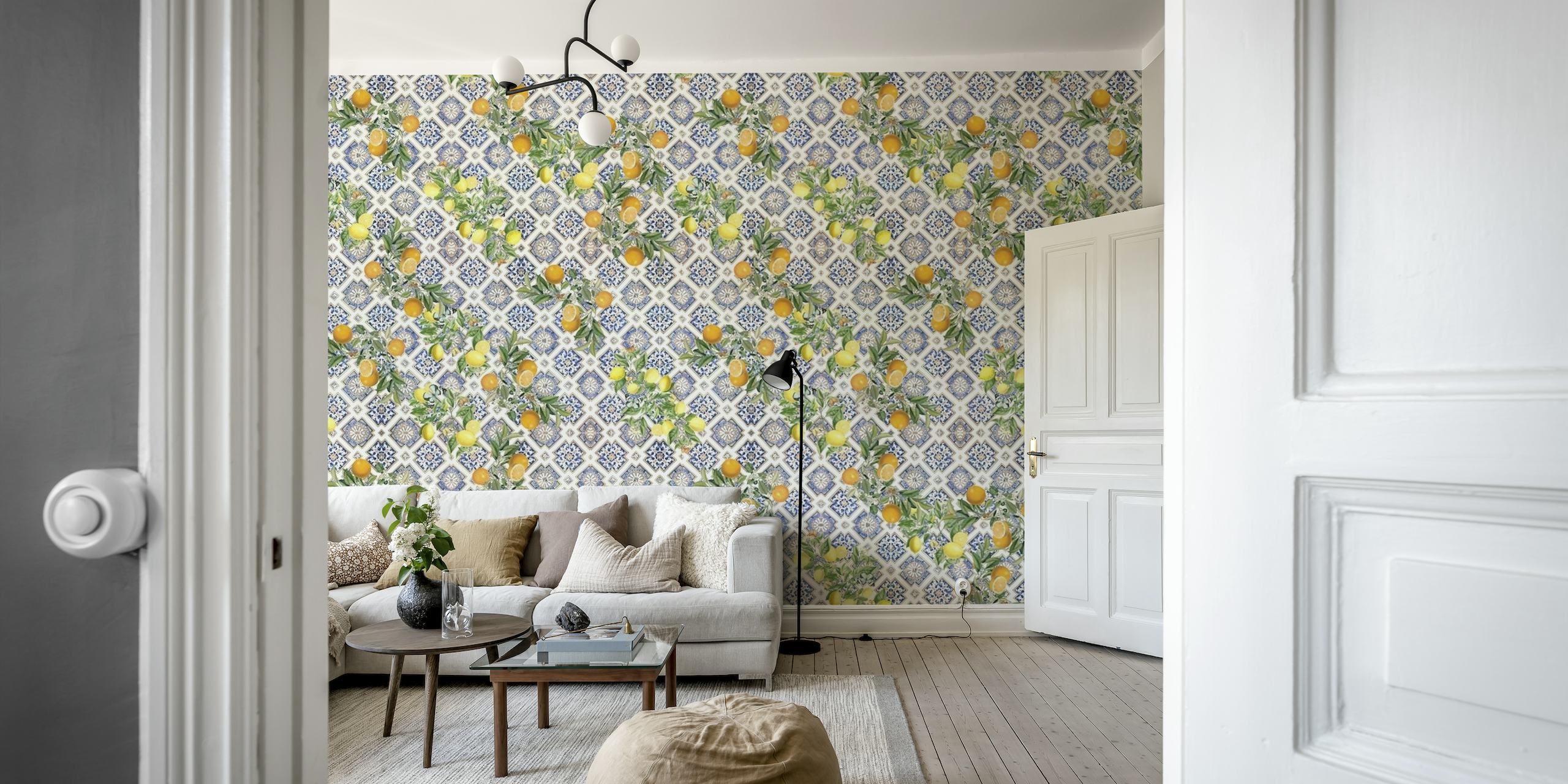 Mediterranean Blue tiles and citrus fruit pattern wallpaper