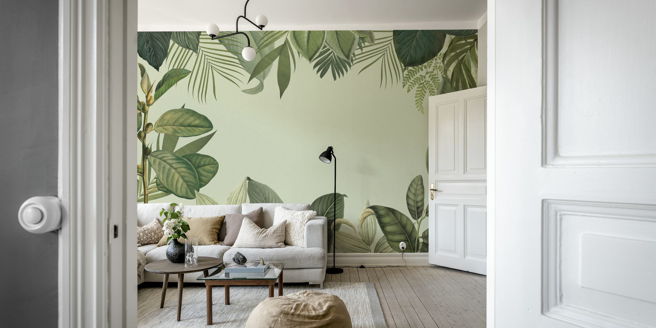Tropical Green Oasis Leaf Frame wallpaper in a room