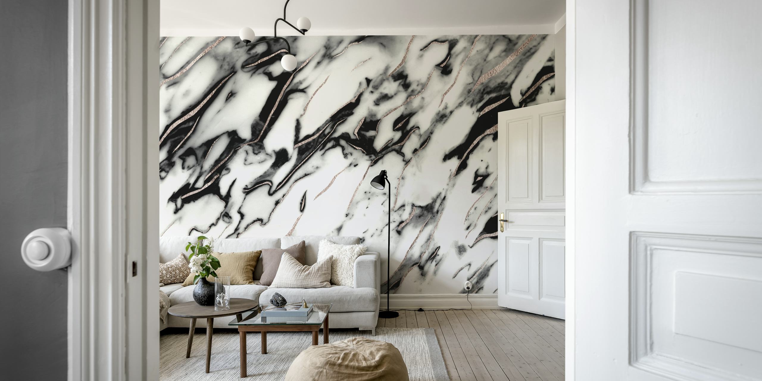 White marble wall mural with rose gold foil accents for a luxurious look