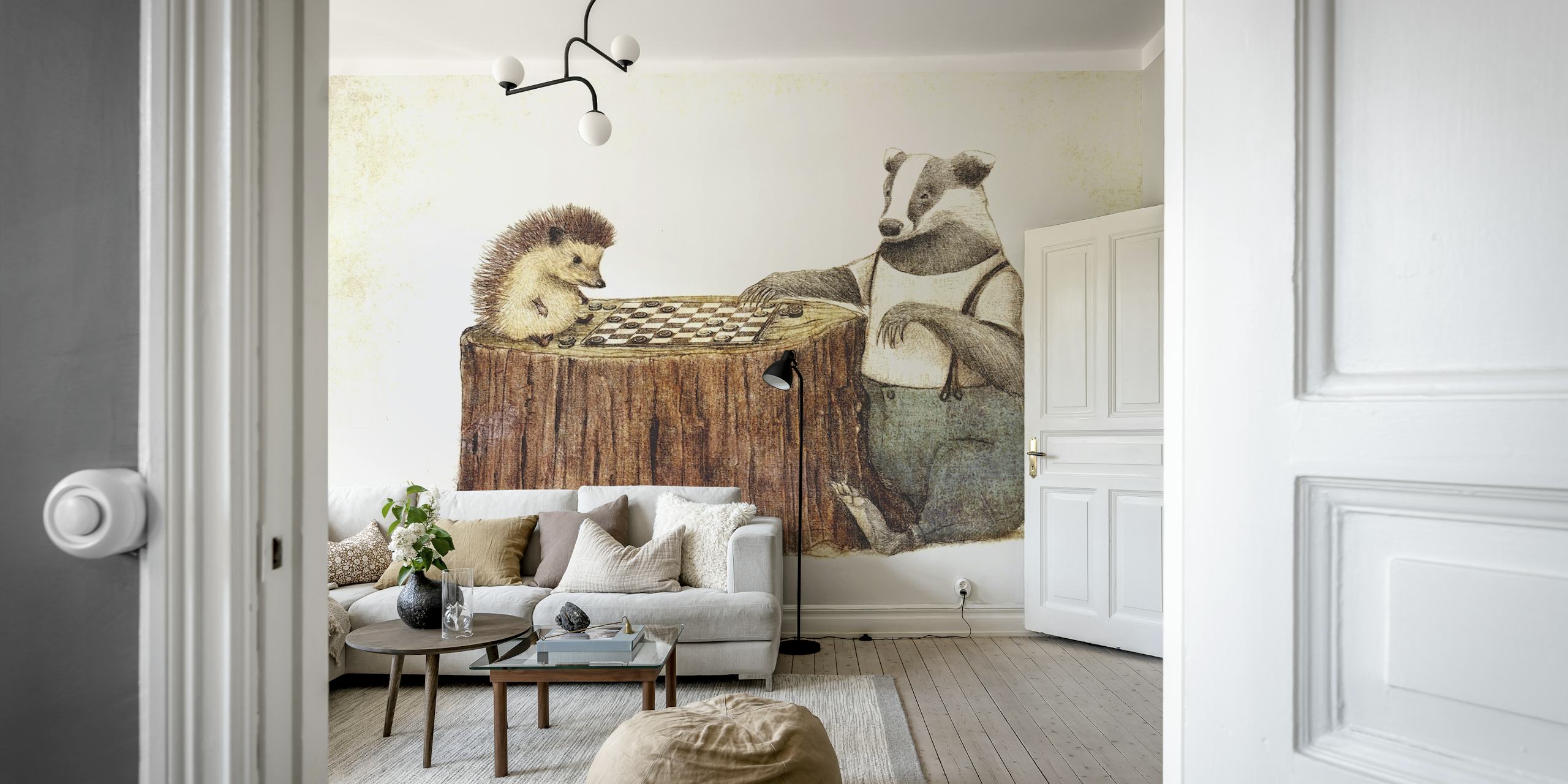 Playtime II behang met egeltje en das