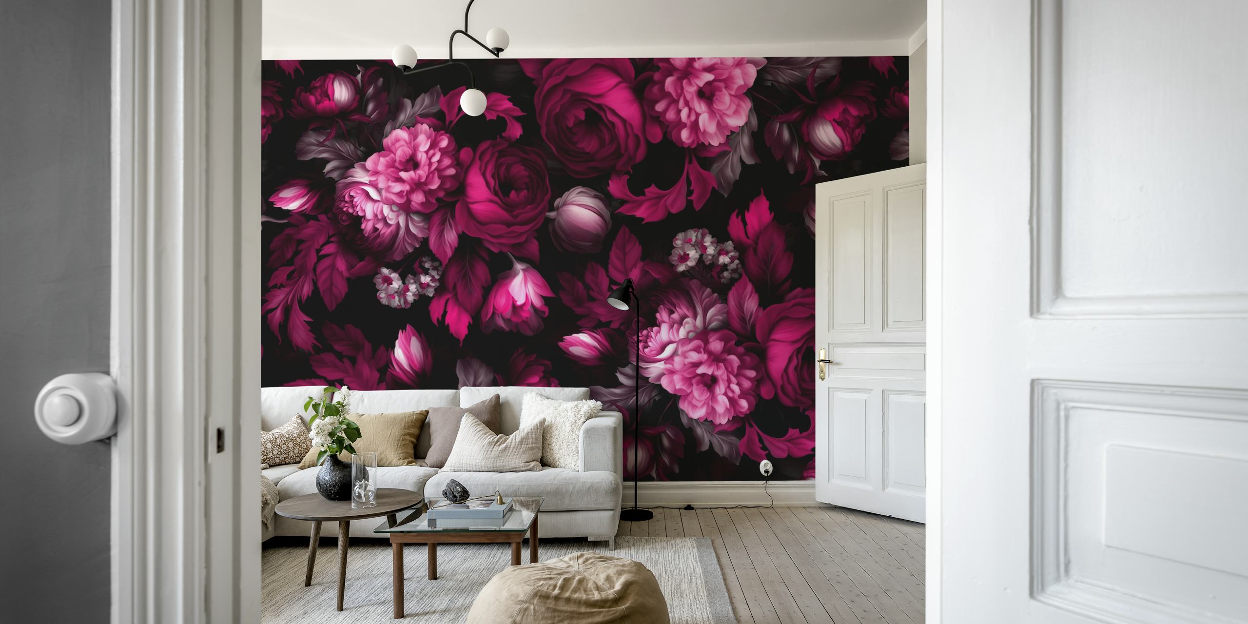 Burgundy floral pattern wallpaper featuring roses and leaves