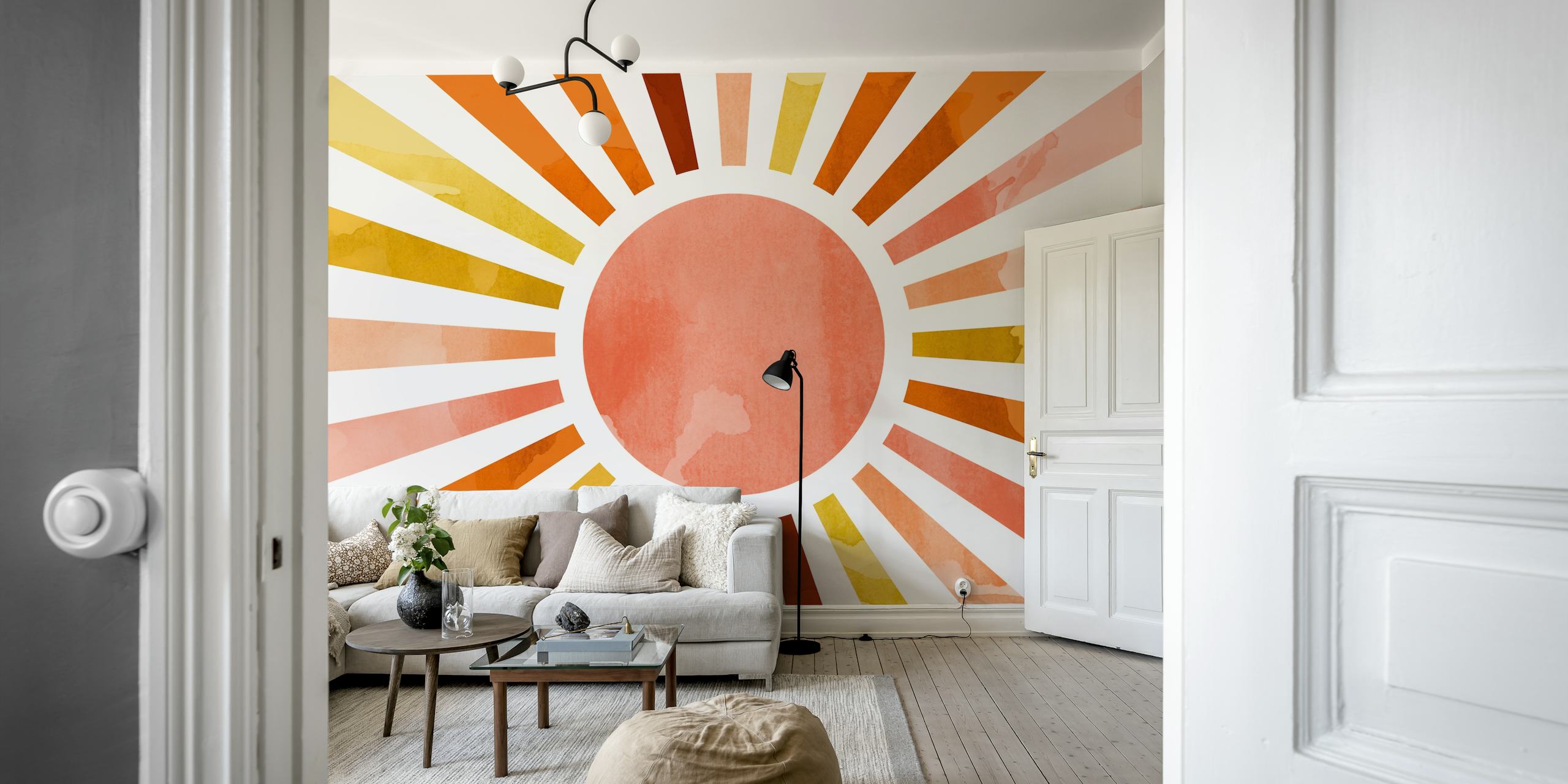 Colorful sunbeam design in orange, yellow, and pink tones wallpaper